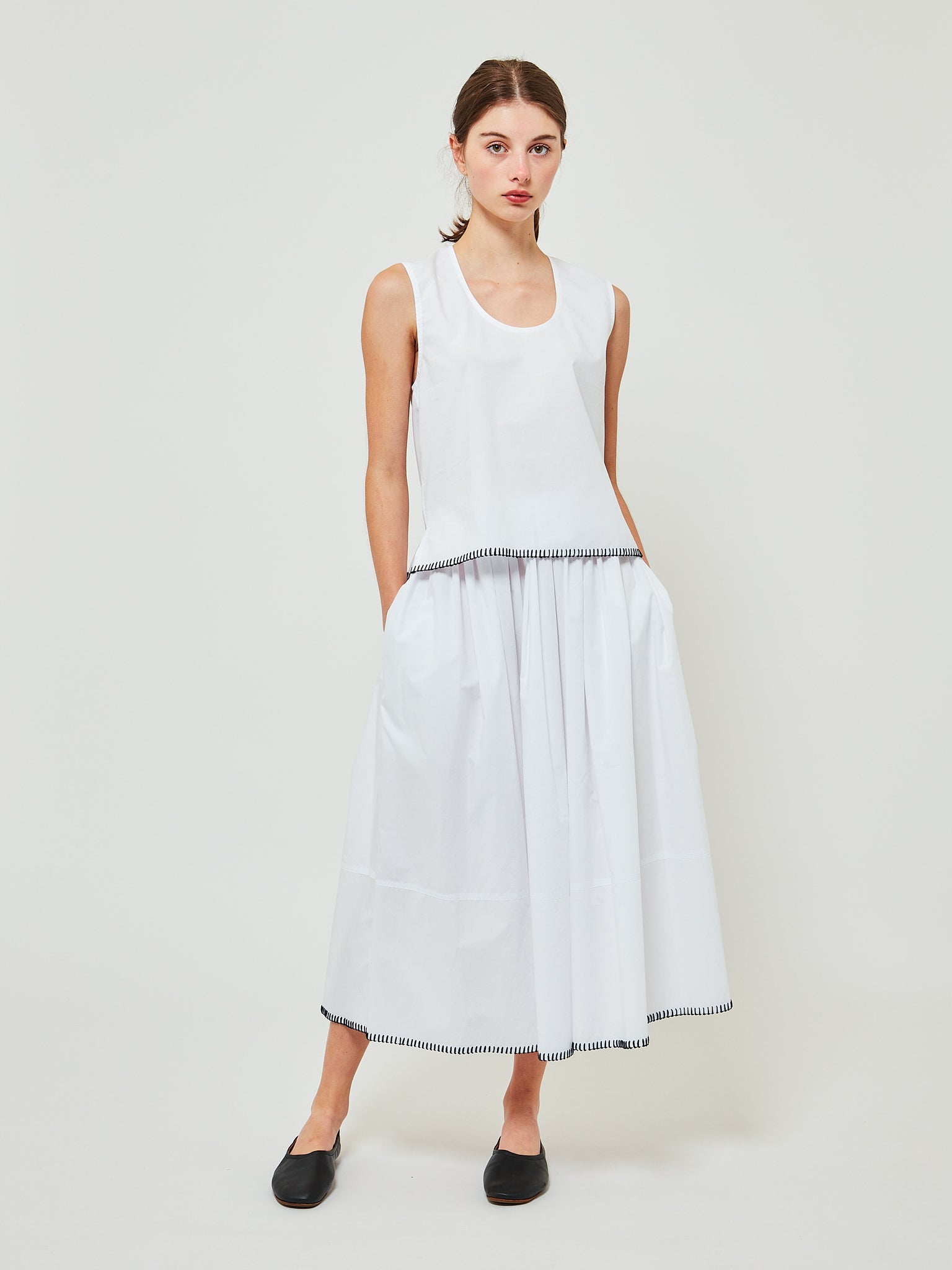 Gathered Skirt Optical White Embroidered