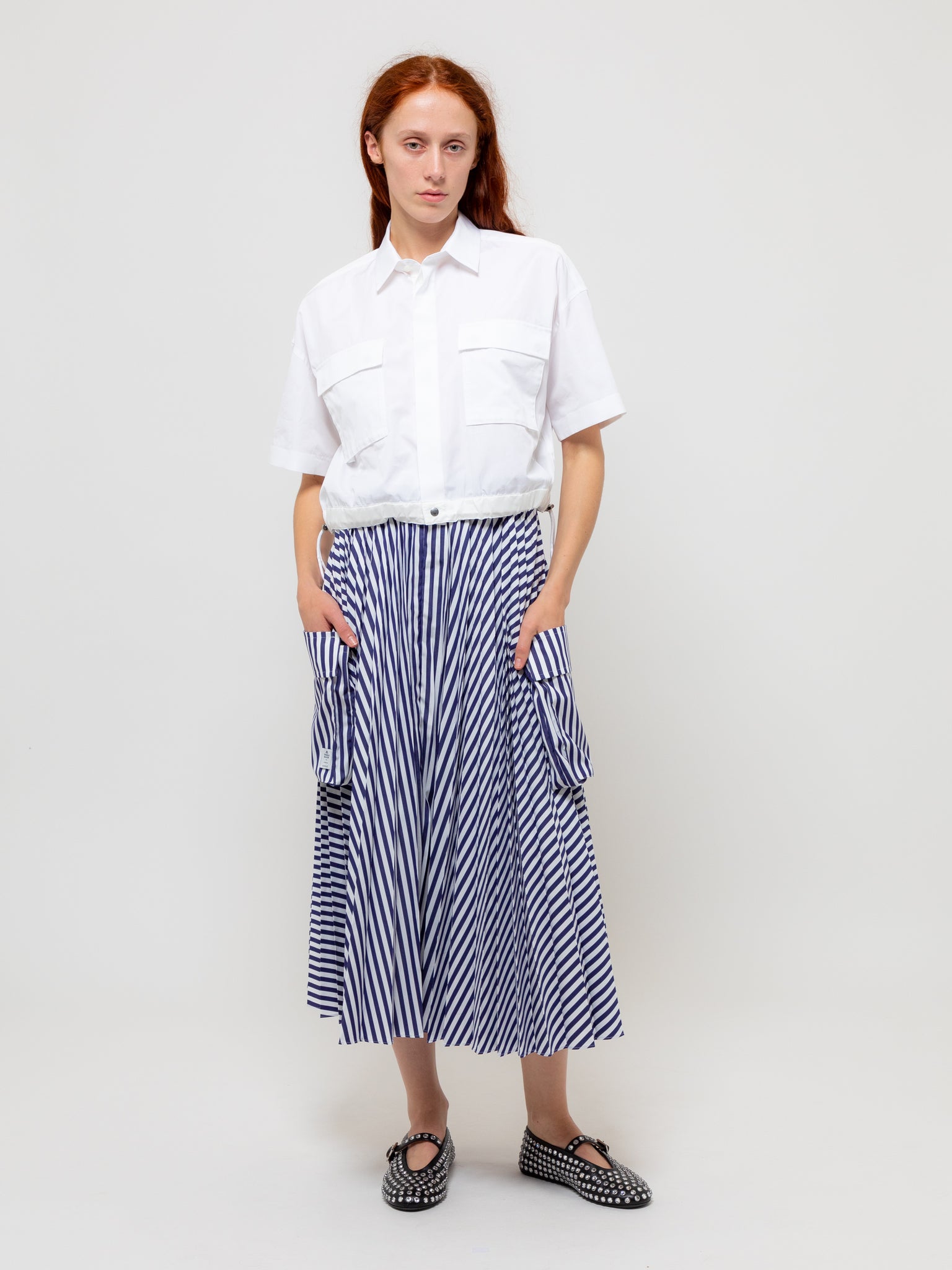 Thomas Mason x Cotton Poplin Skirt Navy Stripe