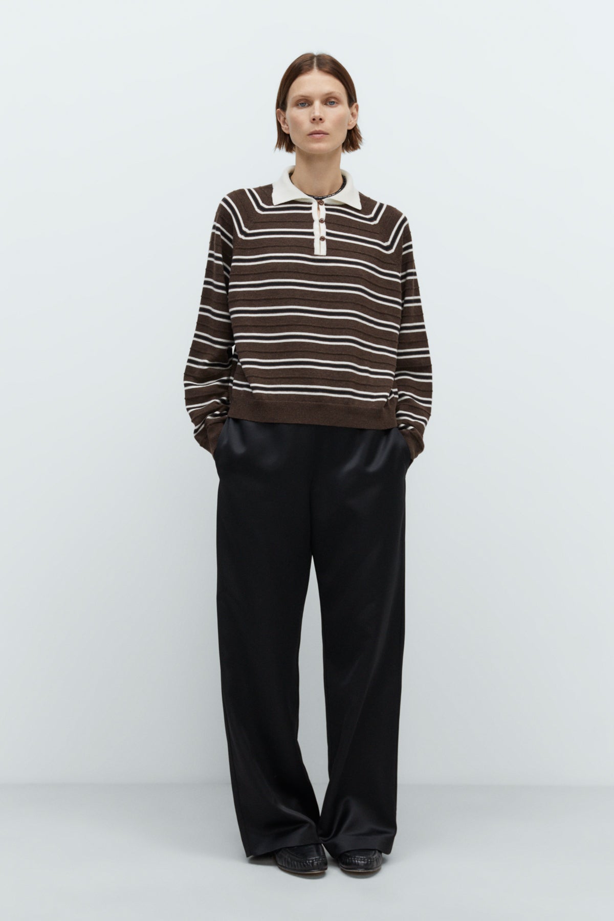 Merino Wool Striped Polo Brown