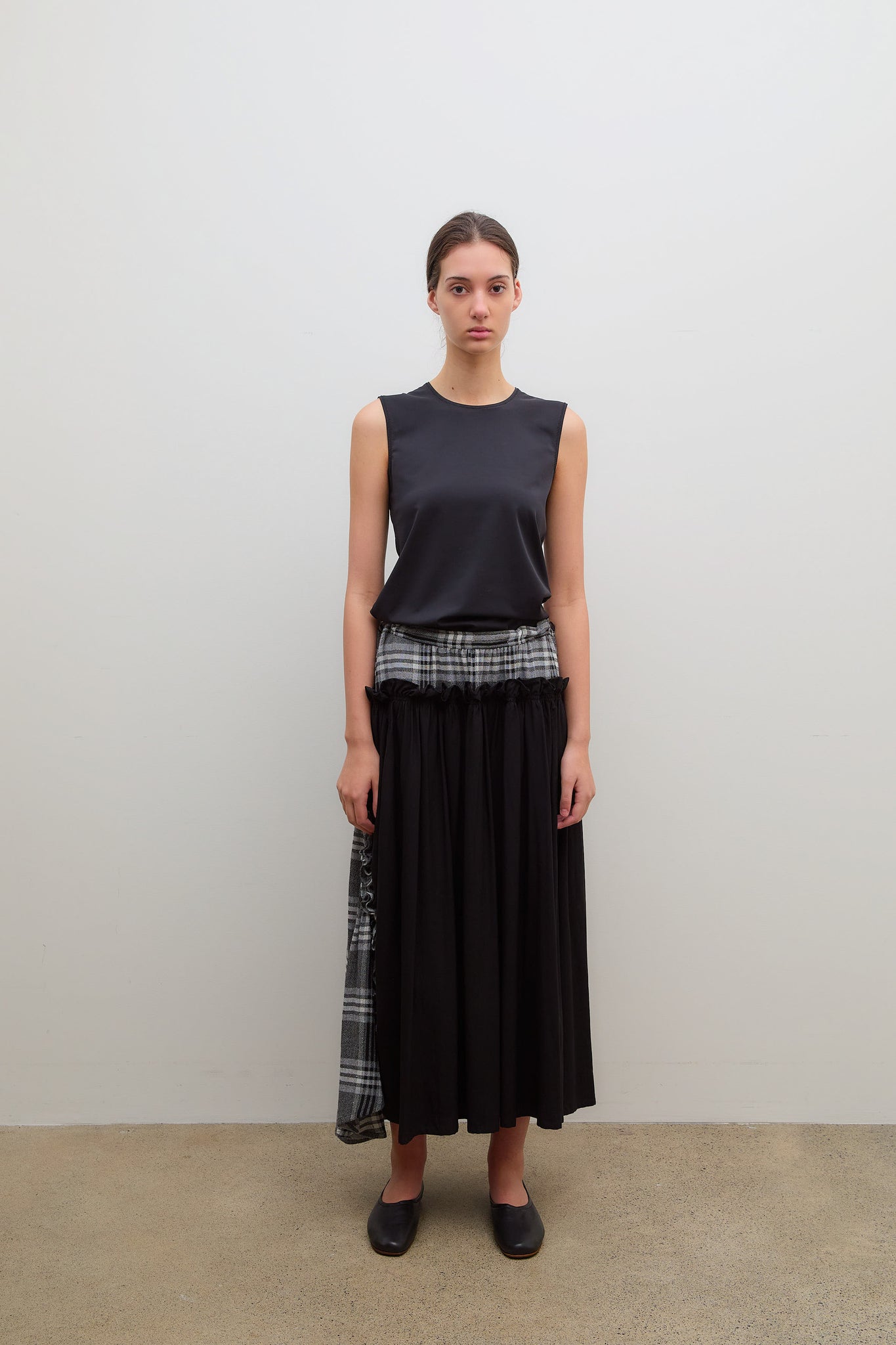 Frill Gather Skirt Gauze Plaid Grey