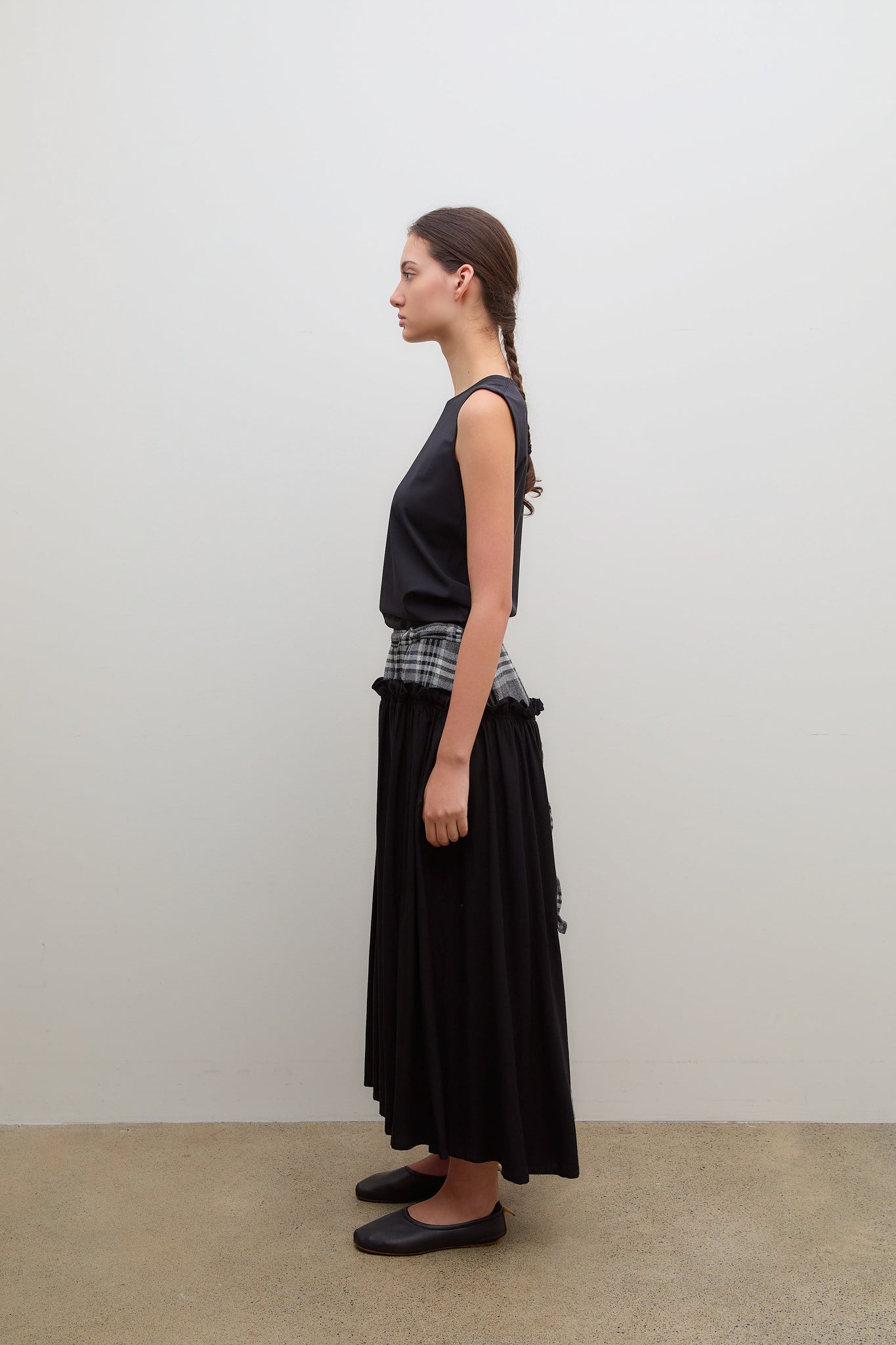 Frill Gather Skirt Gauze Plaid Grey