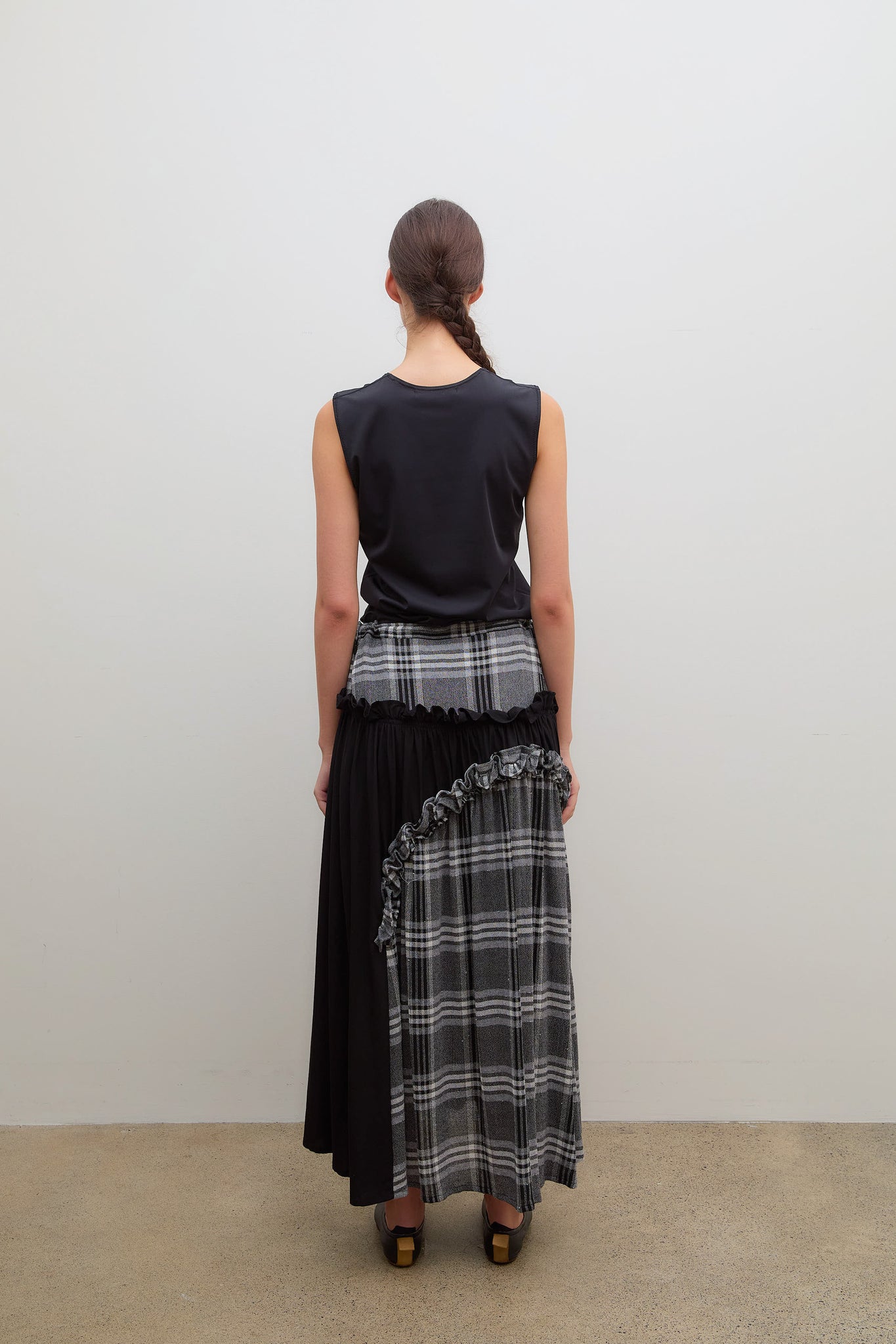 Frill Gather Skirt Gauze Plaid Grey