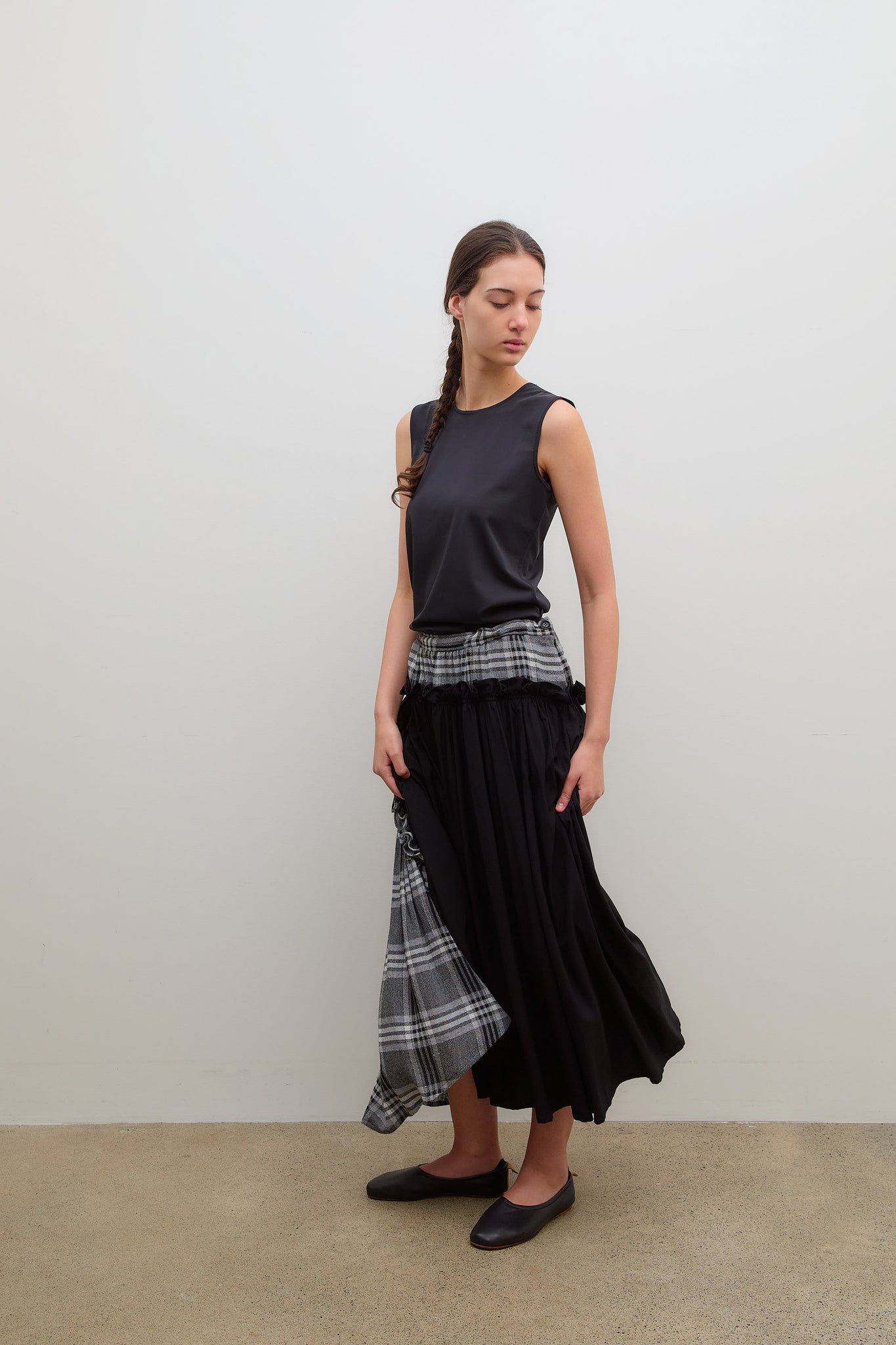 Frill Gather Skirt Gauze Plaid Grey