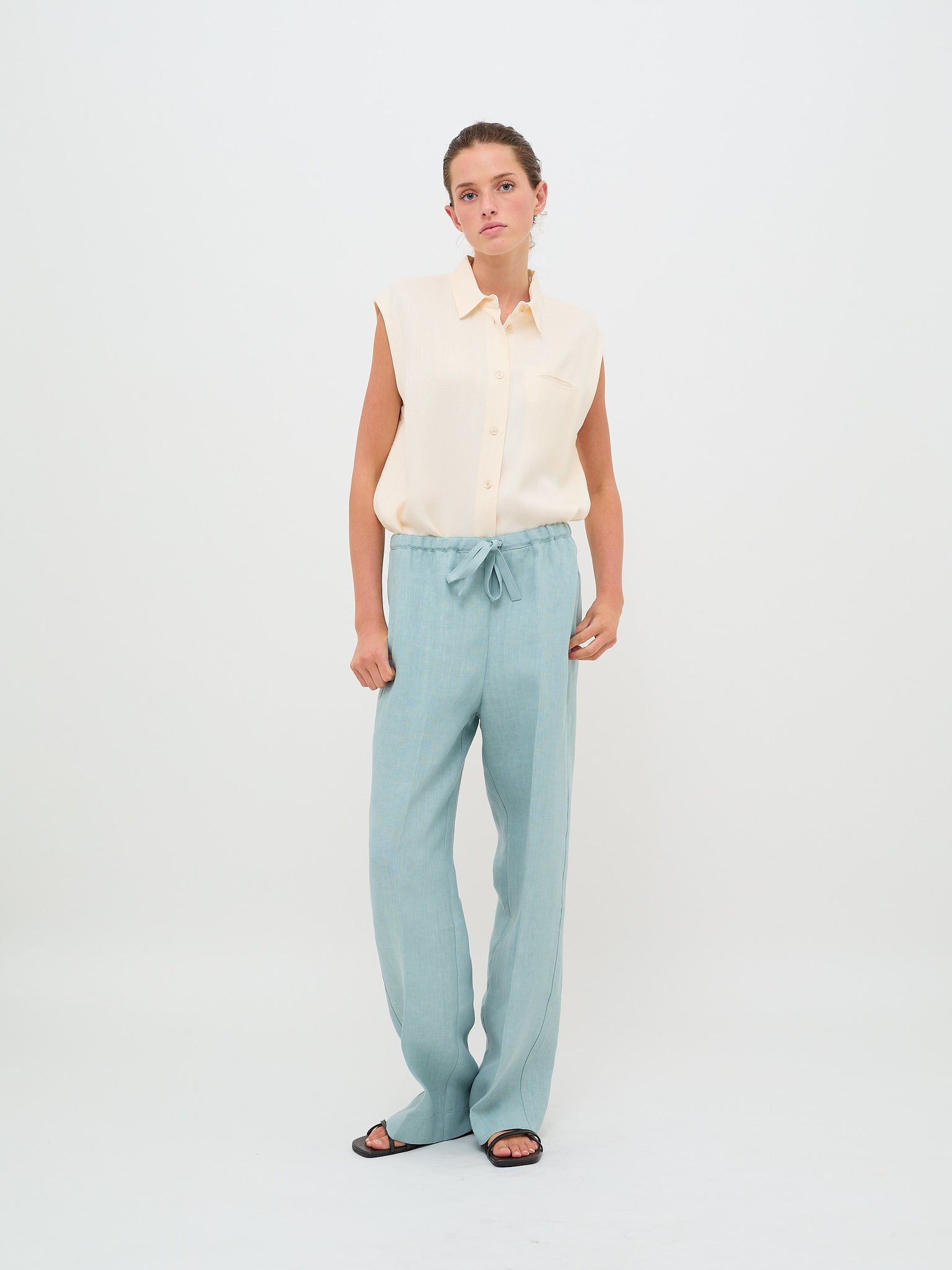 Chic Linen Canvas Drawstring Pants Acqua