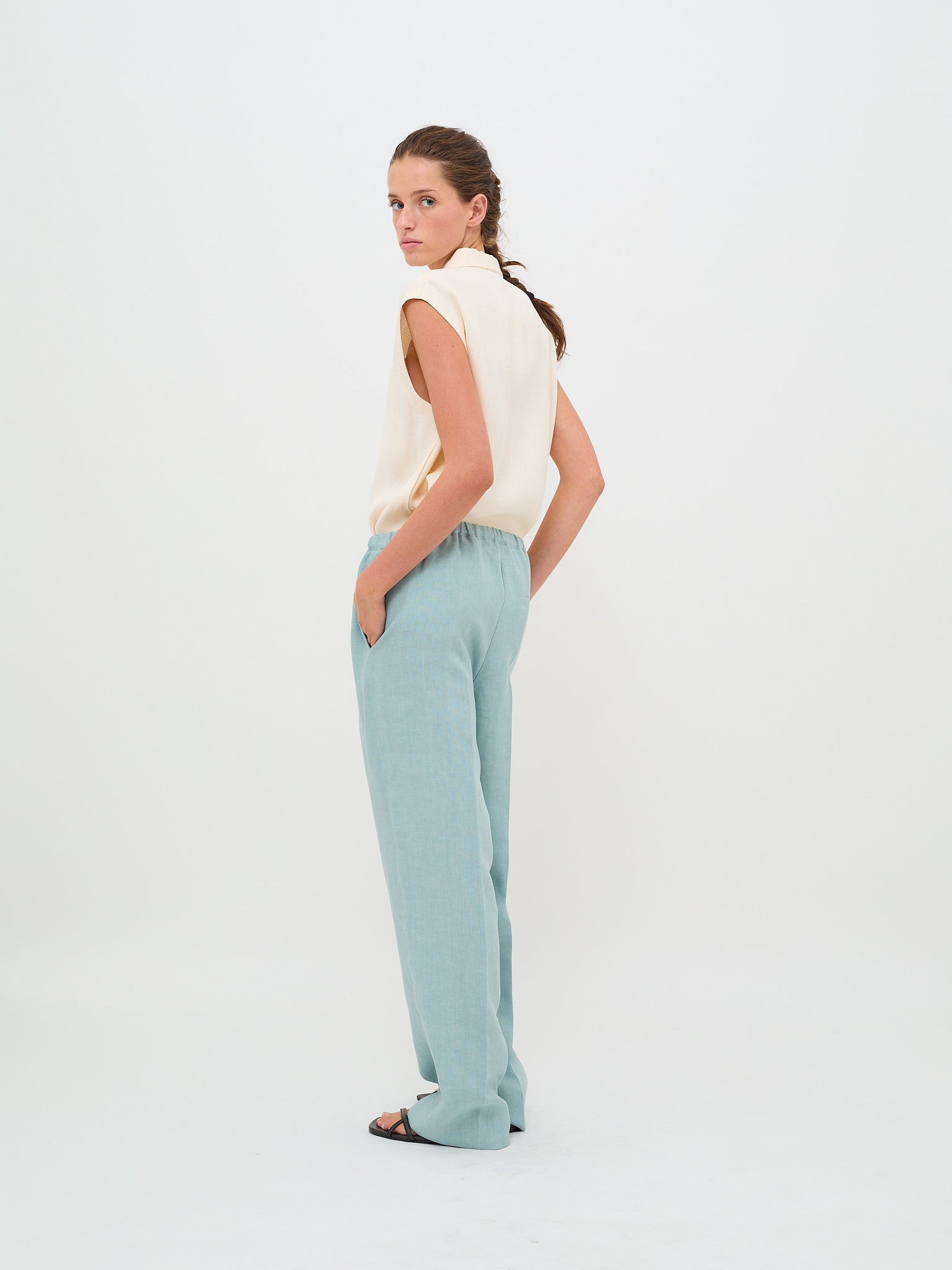 Chic Linen Canvas Drawstring Pants Acqua