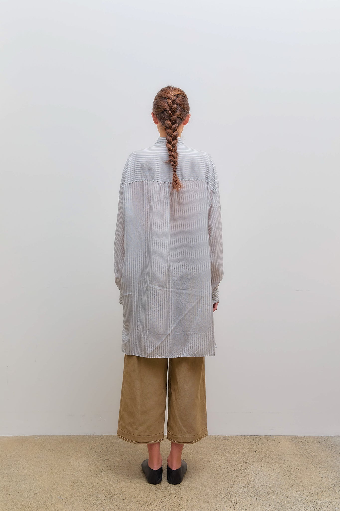 O Collar Blouse Stripe Blue Grey
