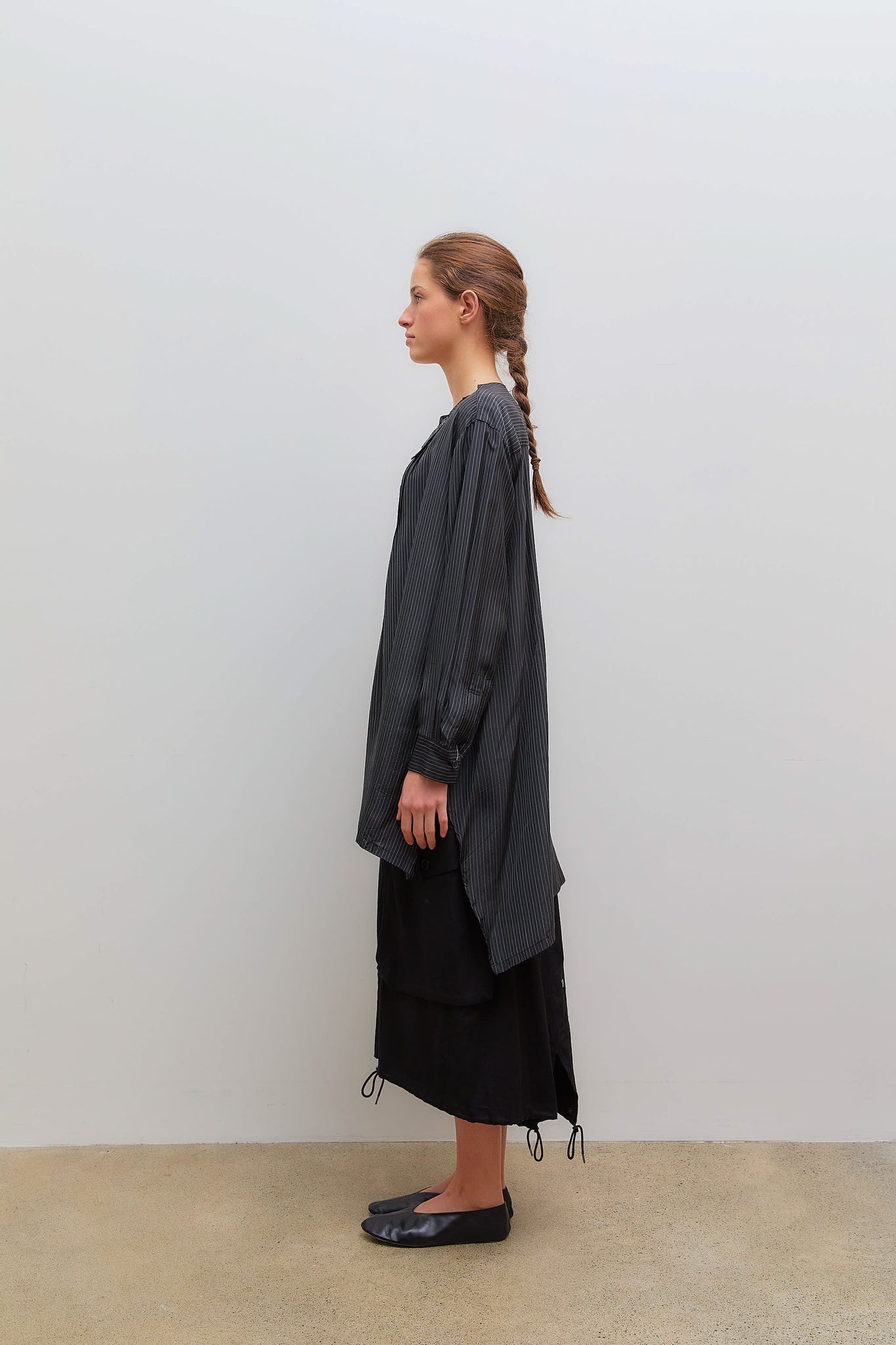 Pintuck Asymmetry Blouse Sripe Garment Black
