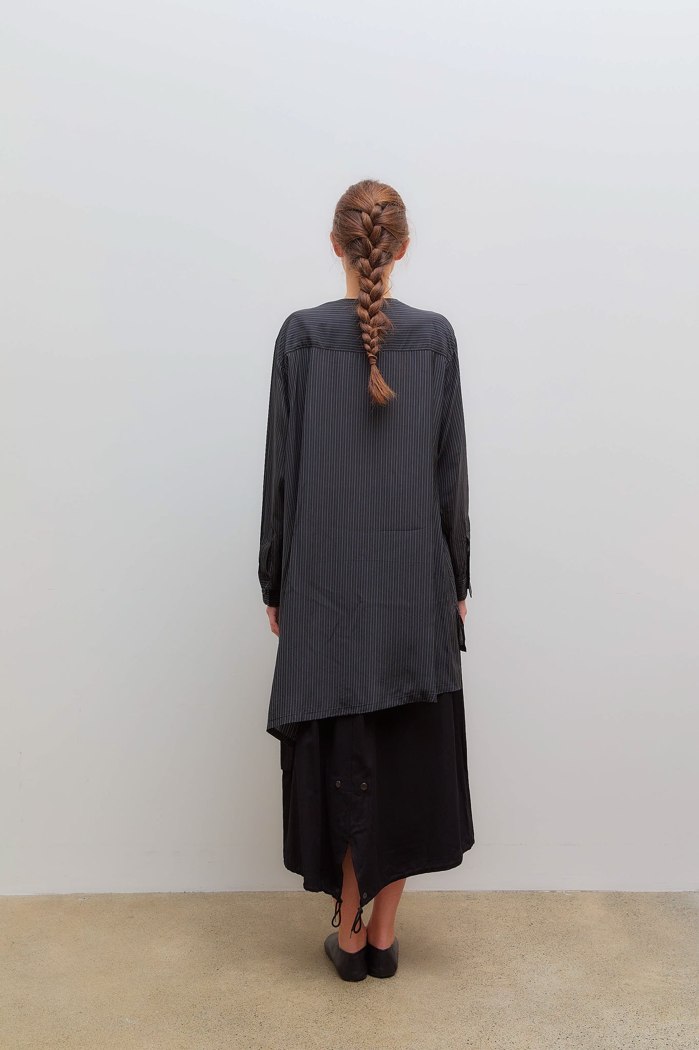 Pintuck Asymmetry Blouse Sripe Garment Black