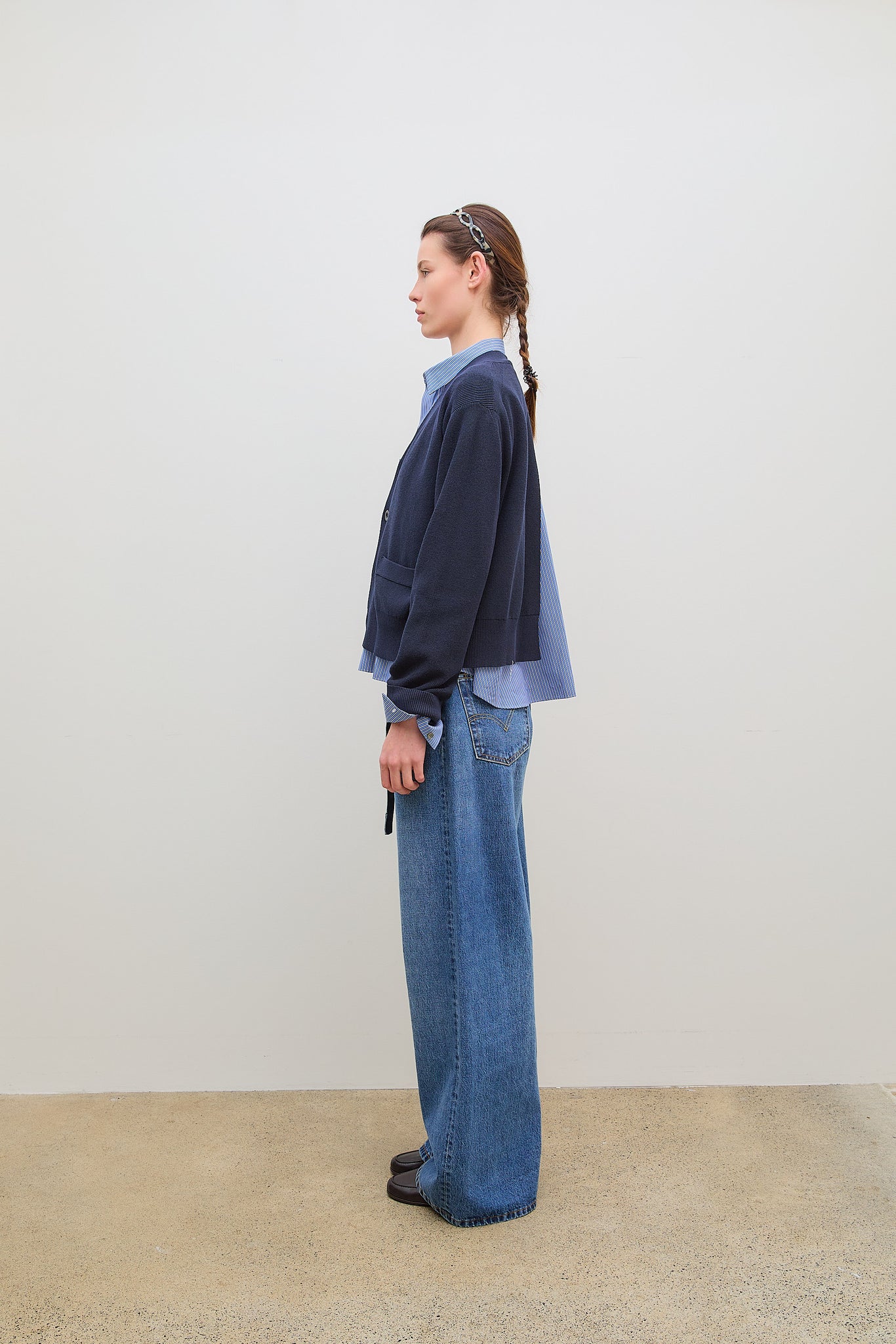 Poplin Cotton Knit Cardigan Navy x Blue Stripe