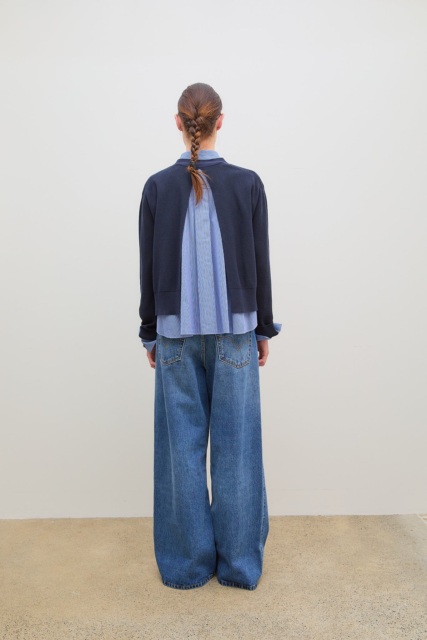 Poplin Cotton Knit Cardigan Navy x Blue Stripe