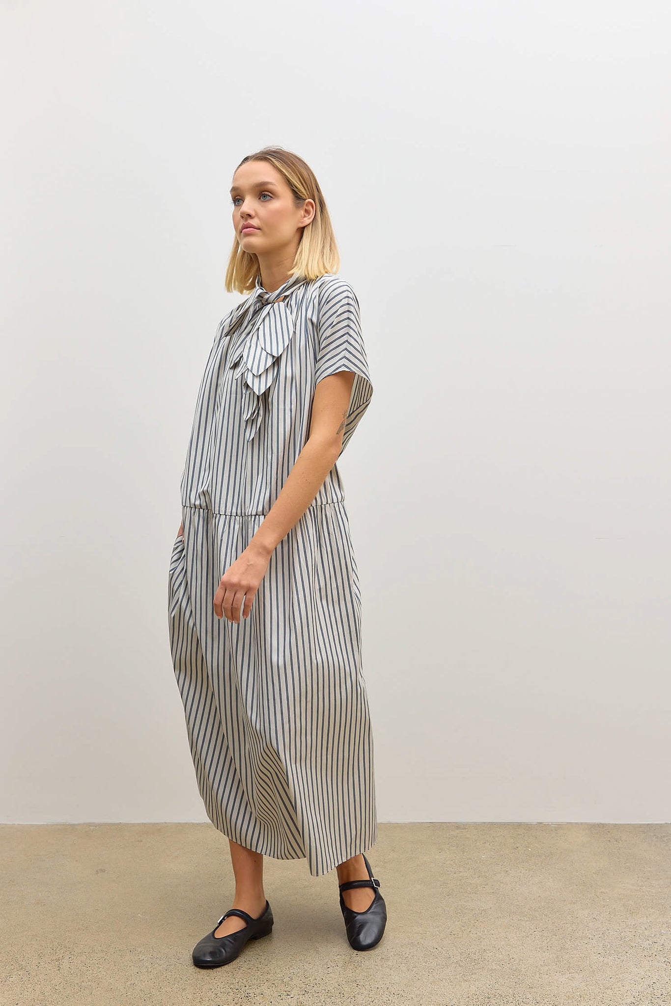 Drop Sleeve Painters Dress Ecru/Blue