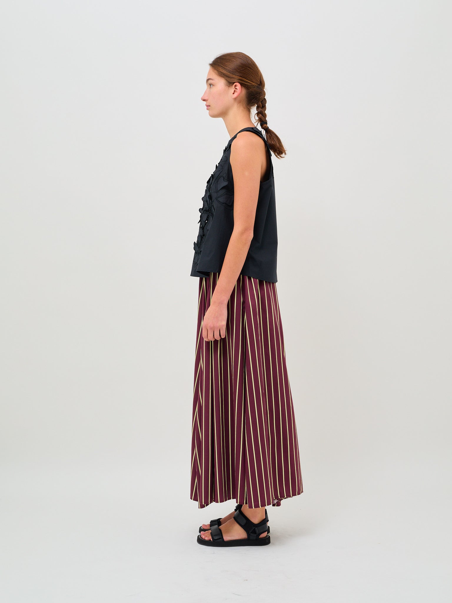 Chic Satin Cotton Stripe Long Skirt Ruby