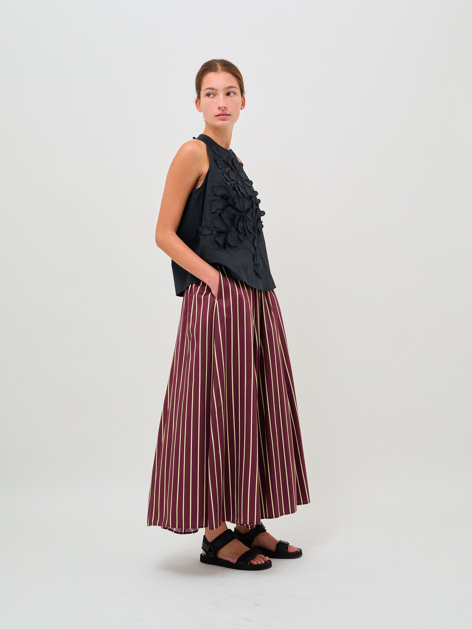 Chic Satin Cotton Stripe Long Skirt Ruby