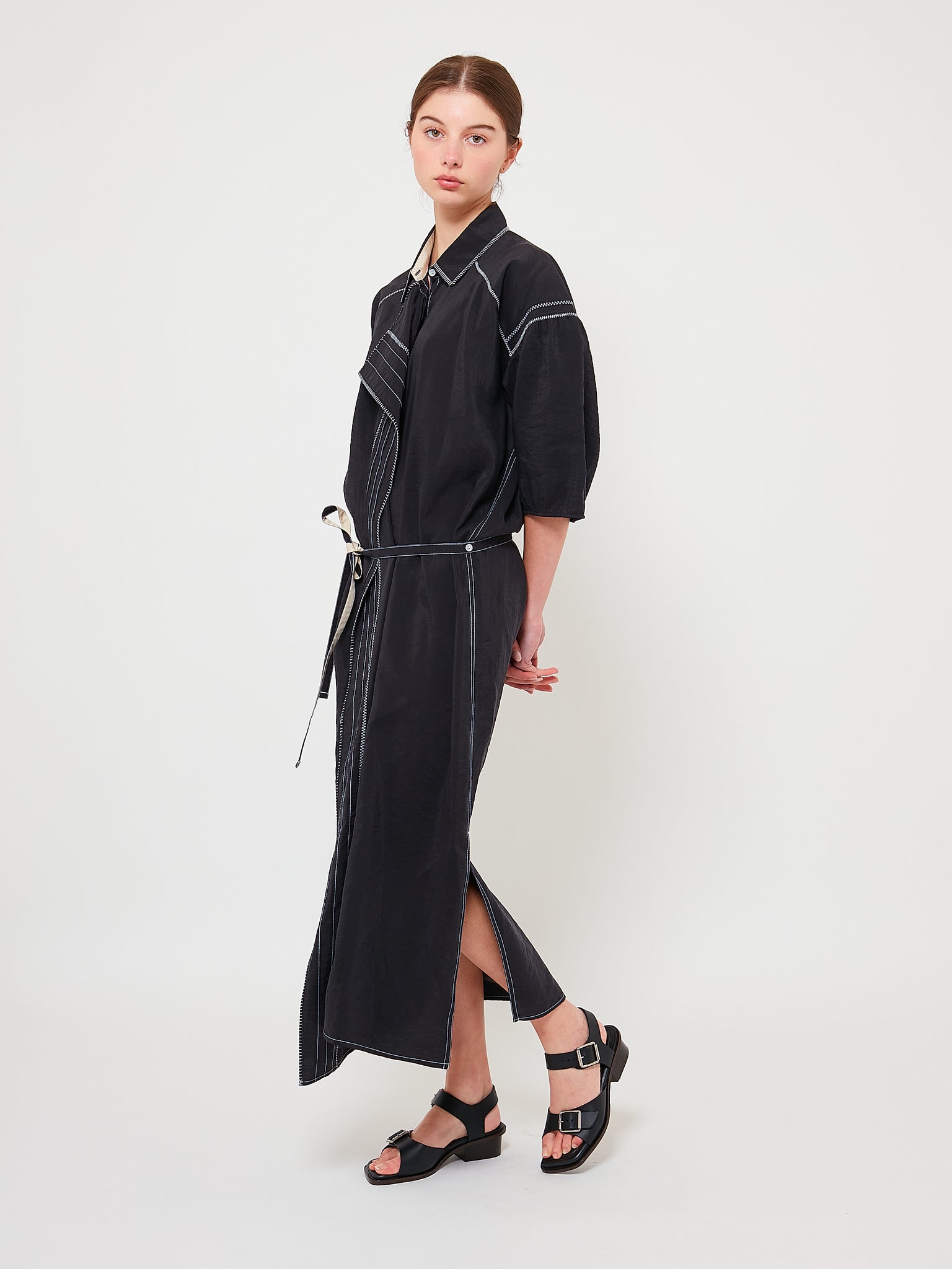 Embroidered Assymetrical Shirt Dress Black