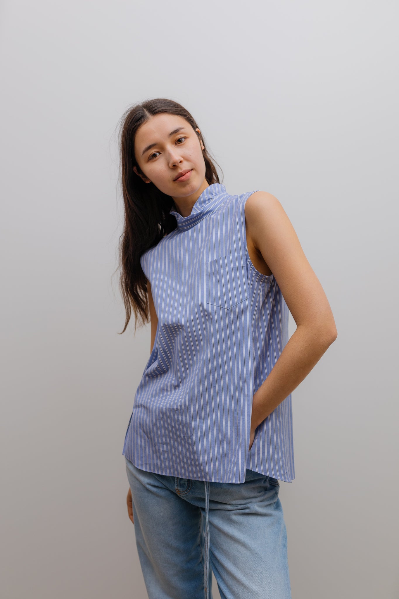 Cotton Poplin Pullover Light Blue Stripe