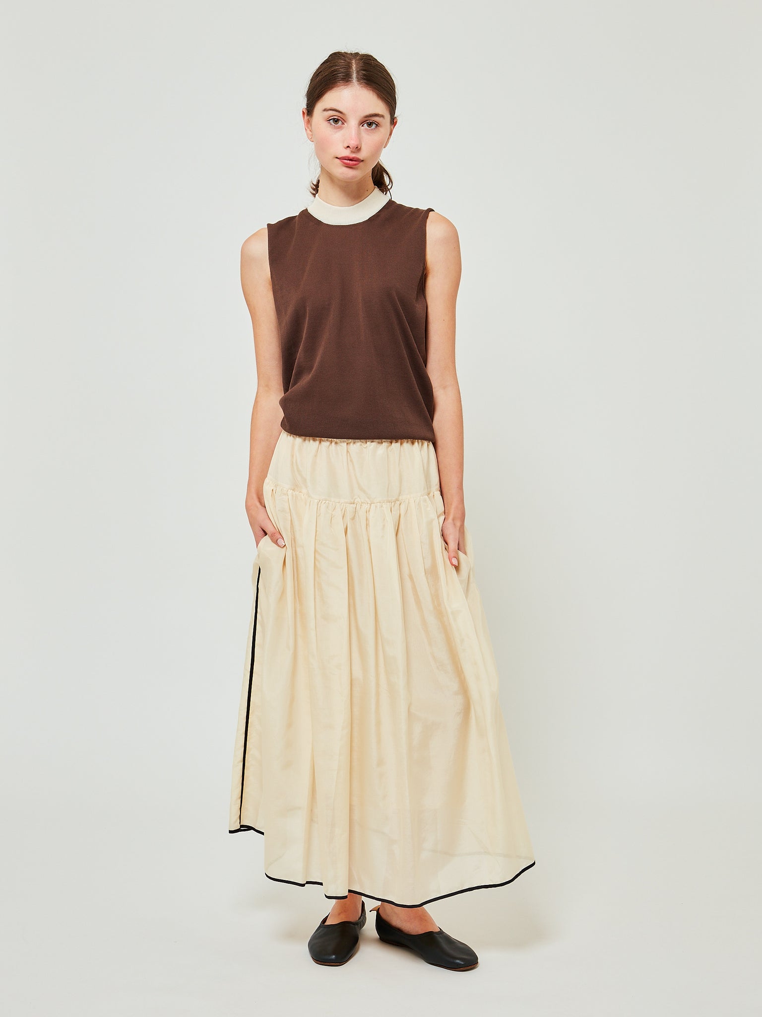 Mock Neck Top Mocha Off White