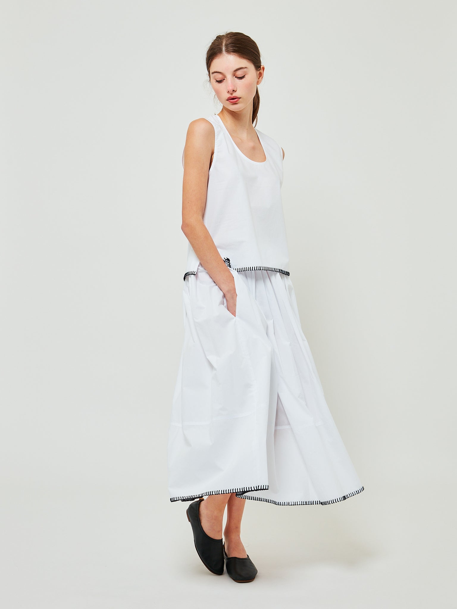 Gathered Skirt Optical White Embroidered