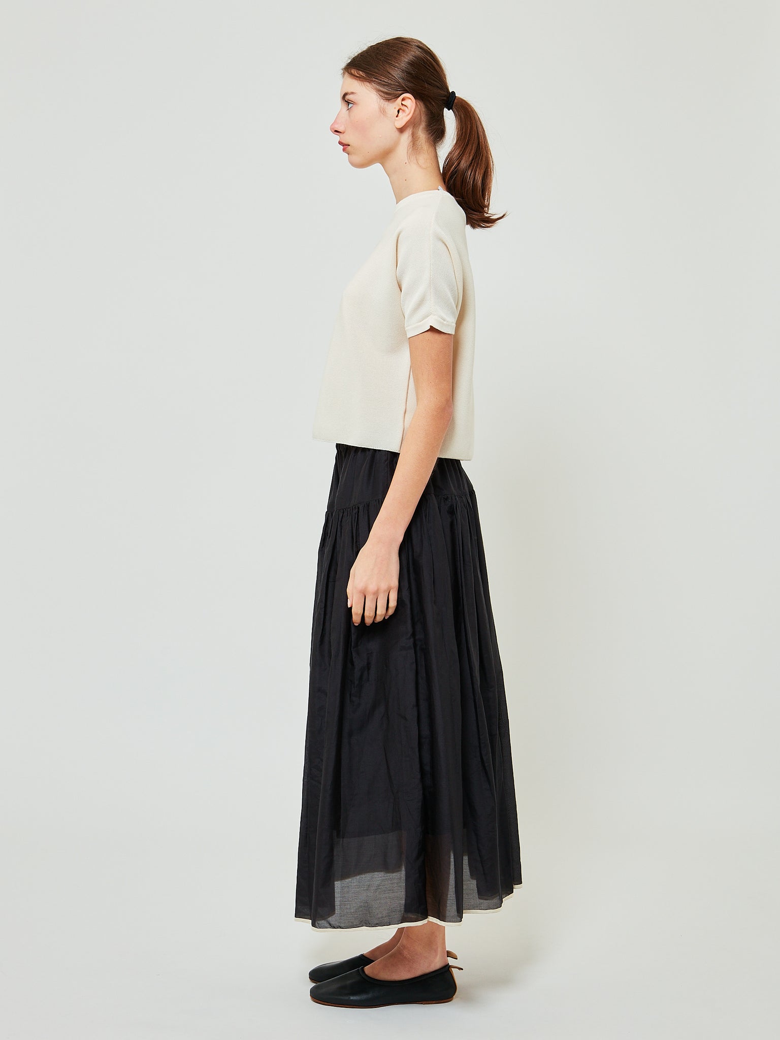 Gathered Skirt Black Cotton Silk
