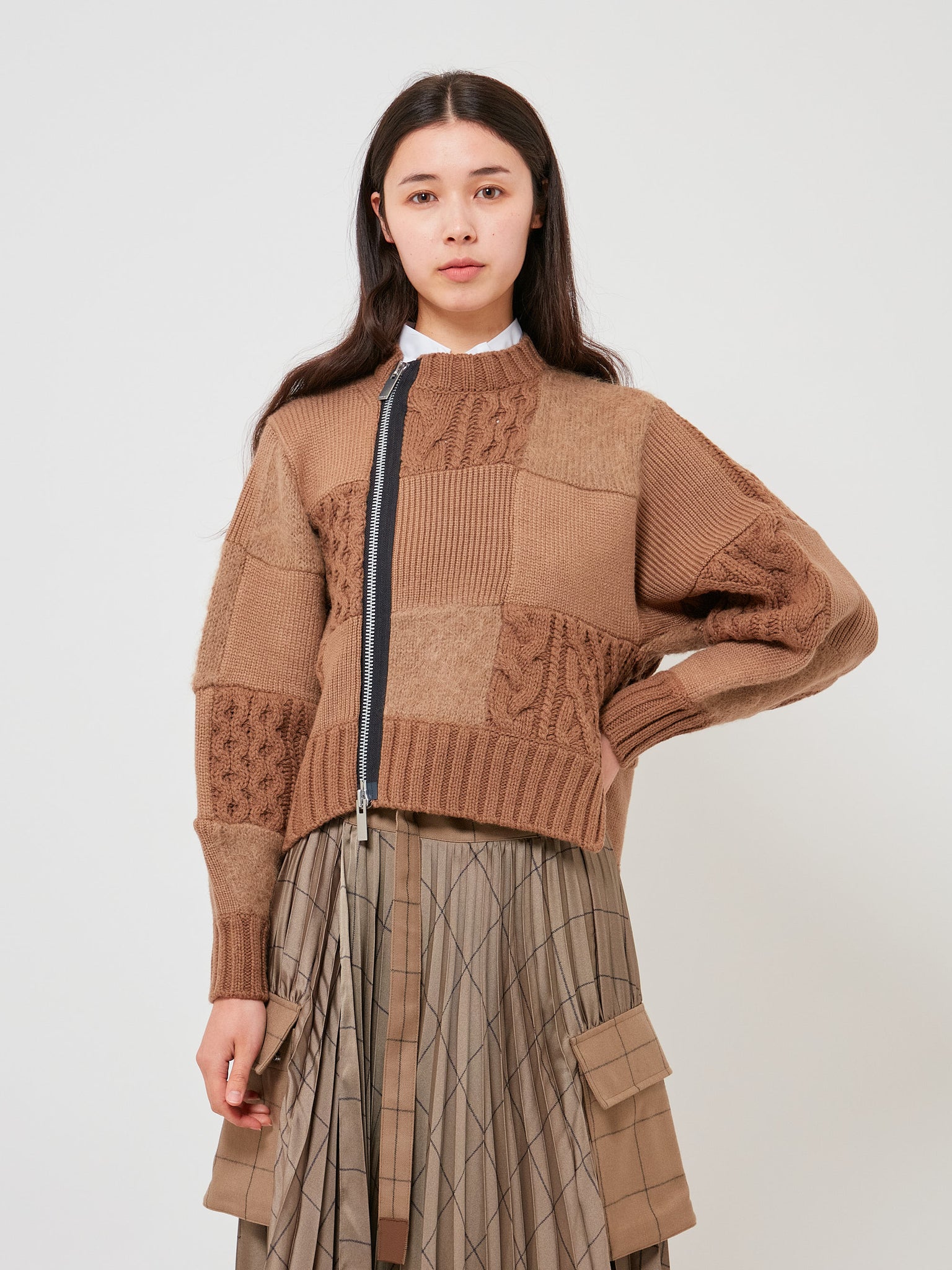 Patchwork Knit Blouson Beige