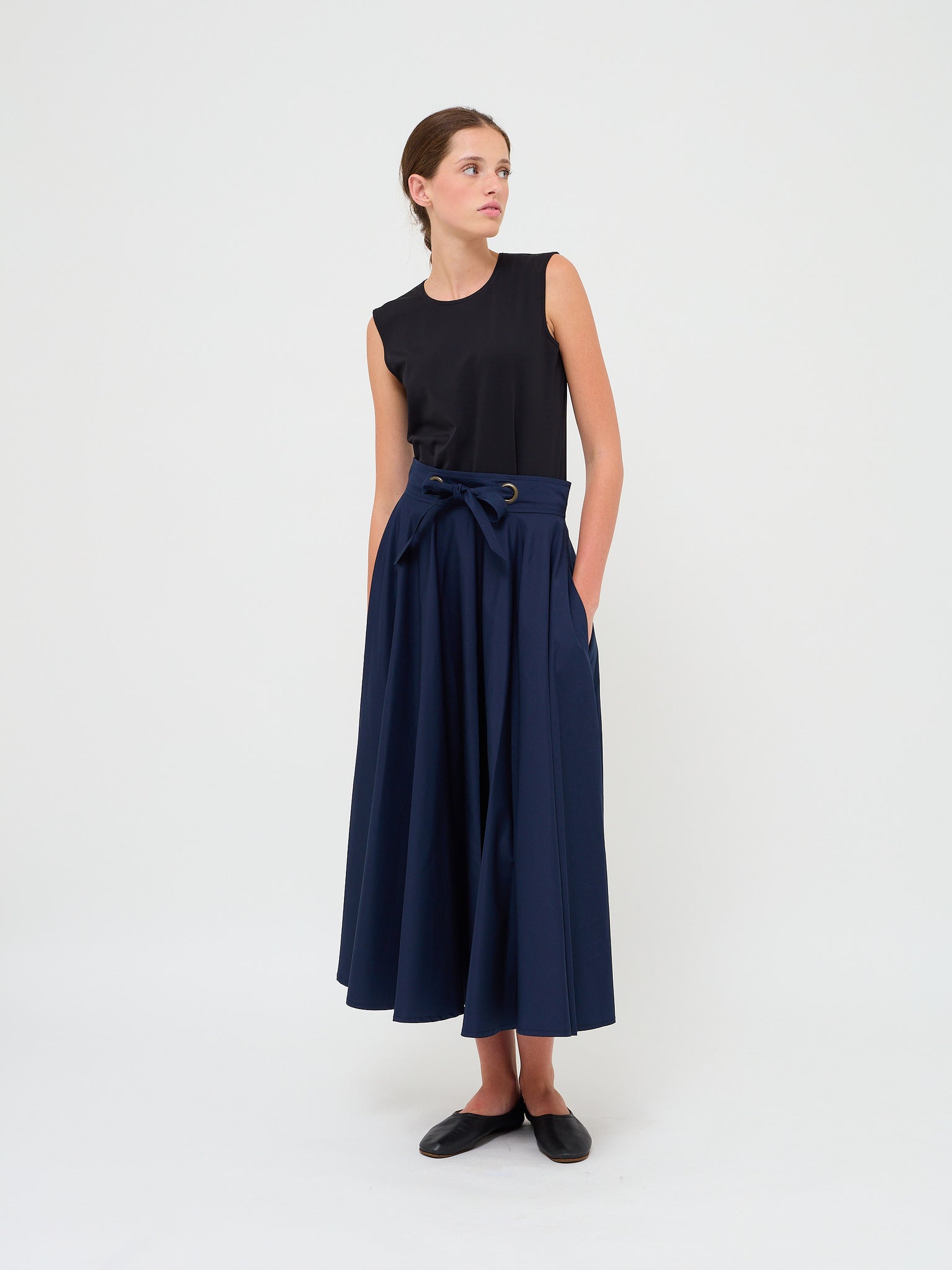 Circle Skirt Tie Belt Navy