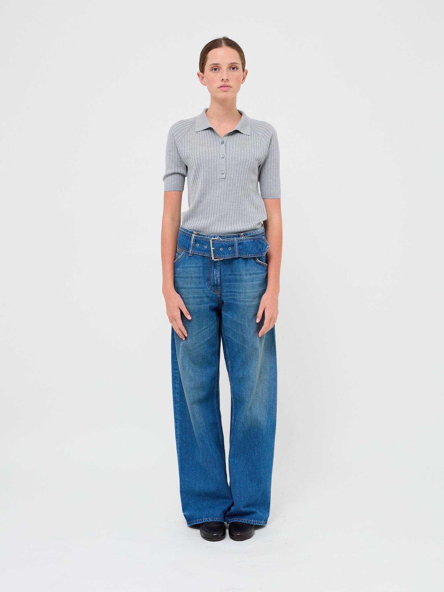 Belted Denim Trousers Mid Blue