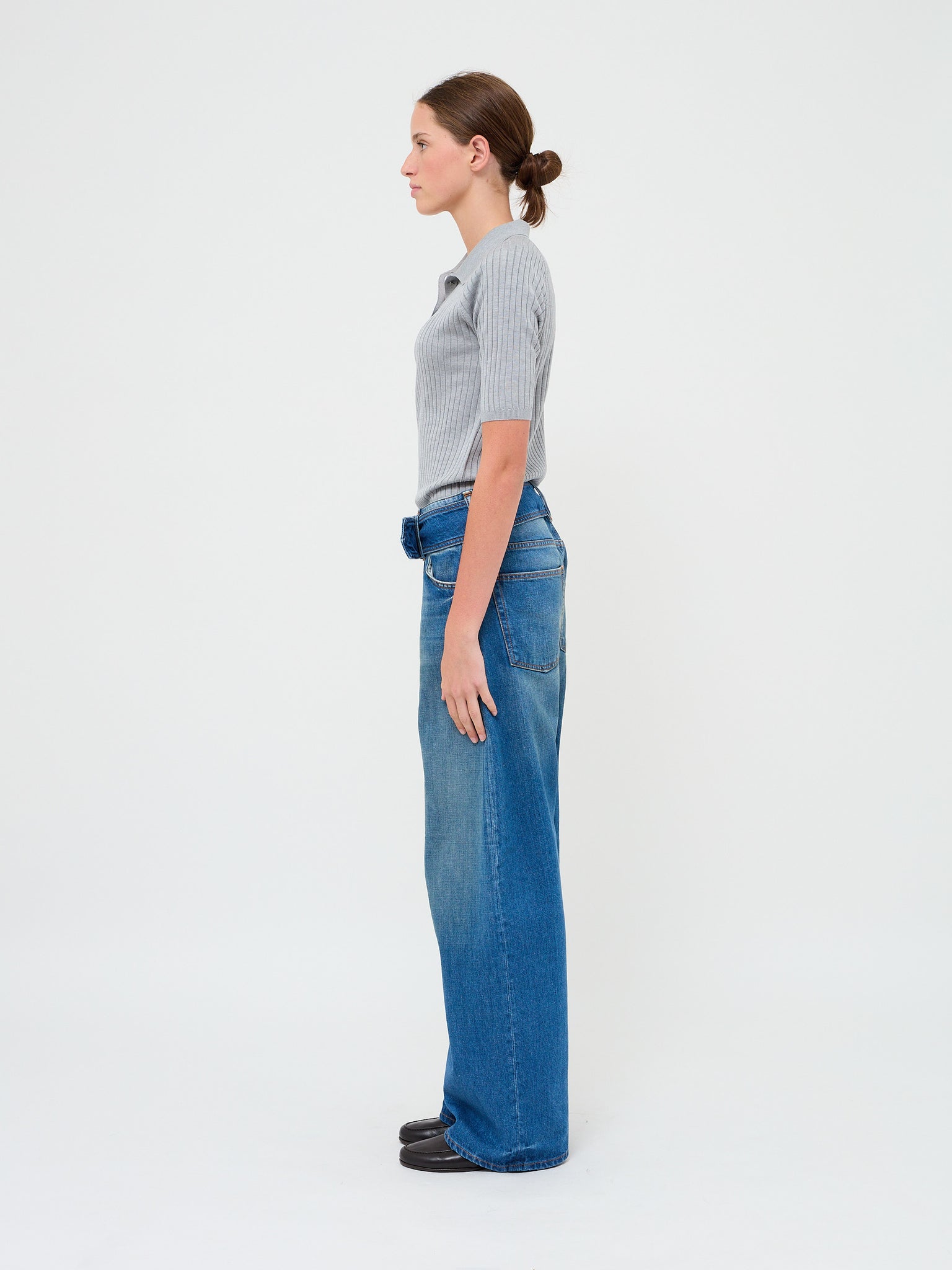 Belted Denim Trousers Mid Blue