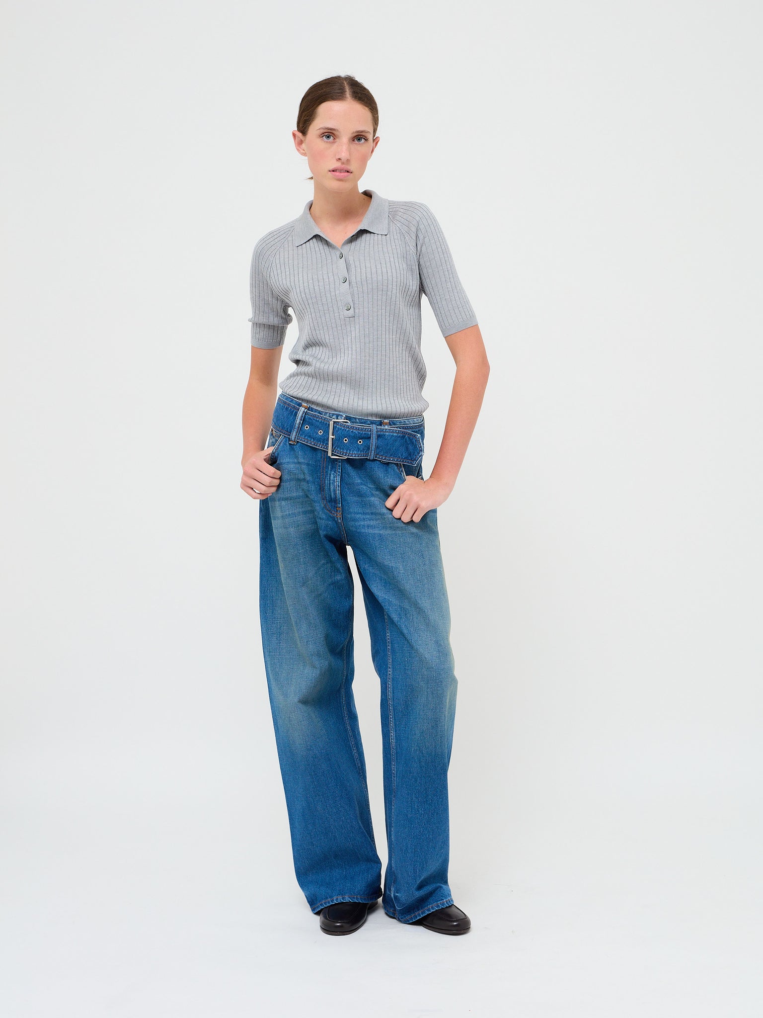 Belted Denim Trousers Mid Blue