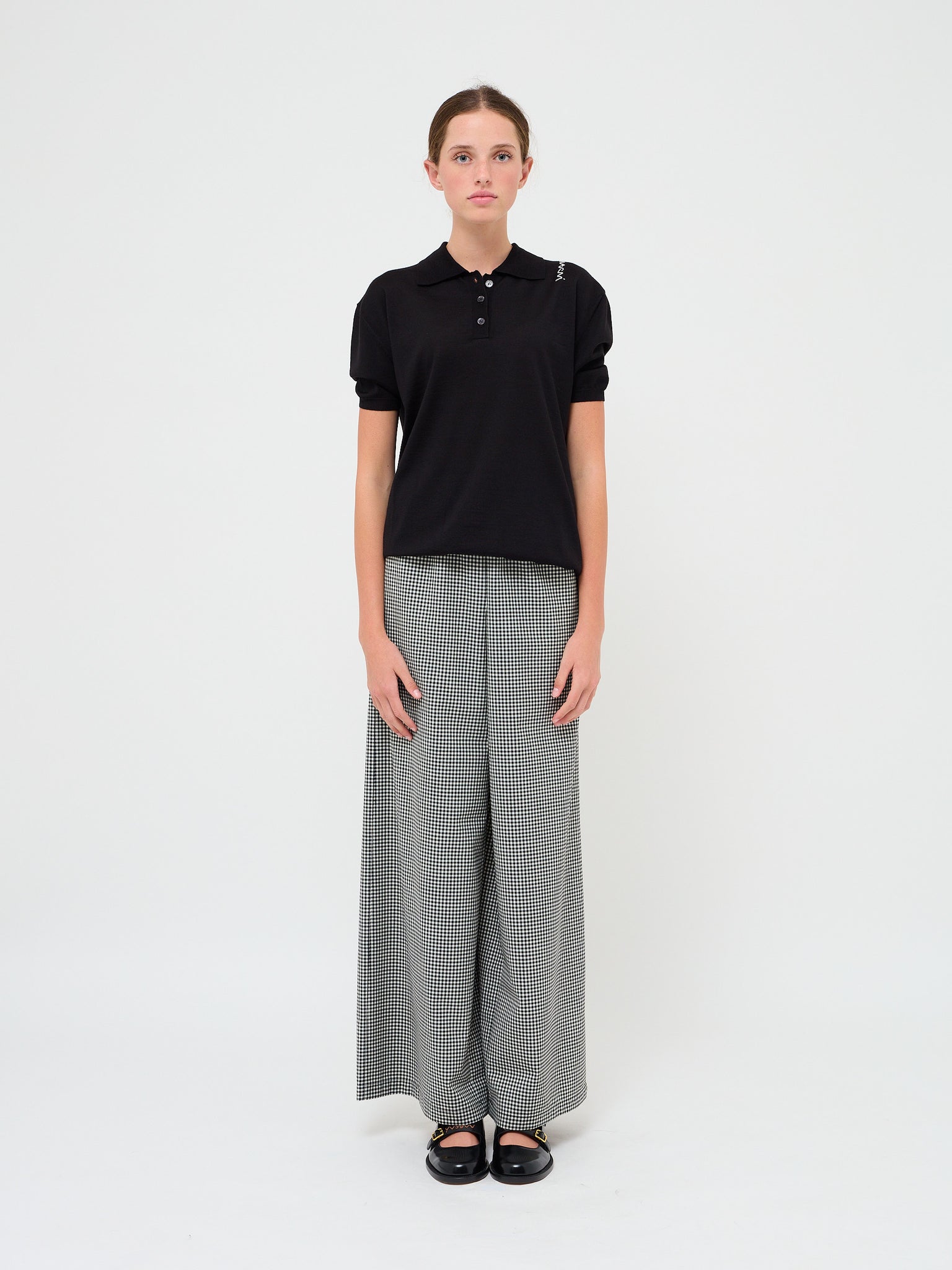 Check Wool Palazzo Trousers Black White