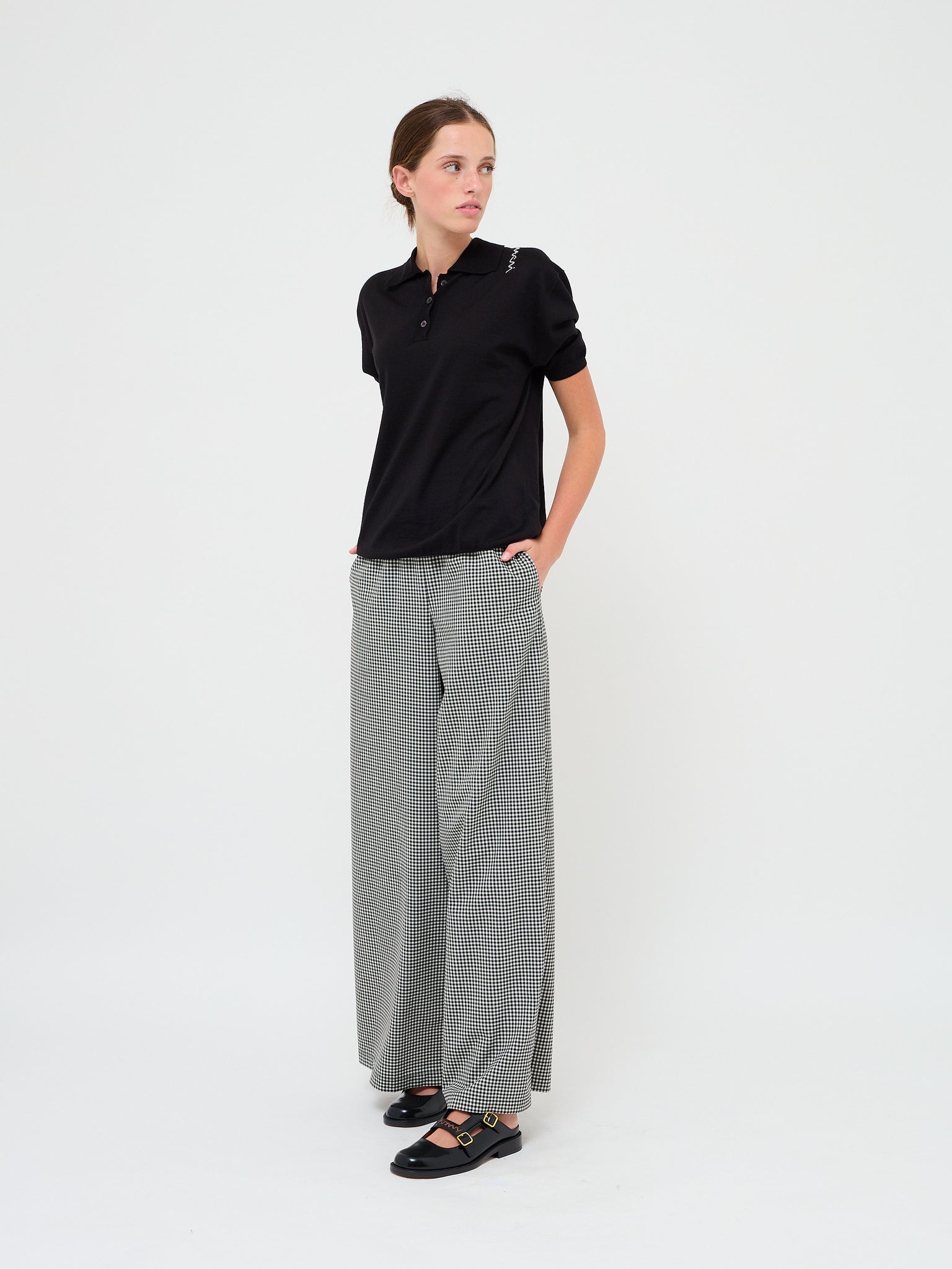 Check Wool Palazzo Trousers Black White