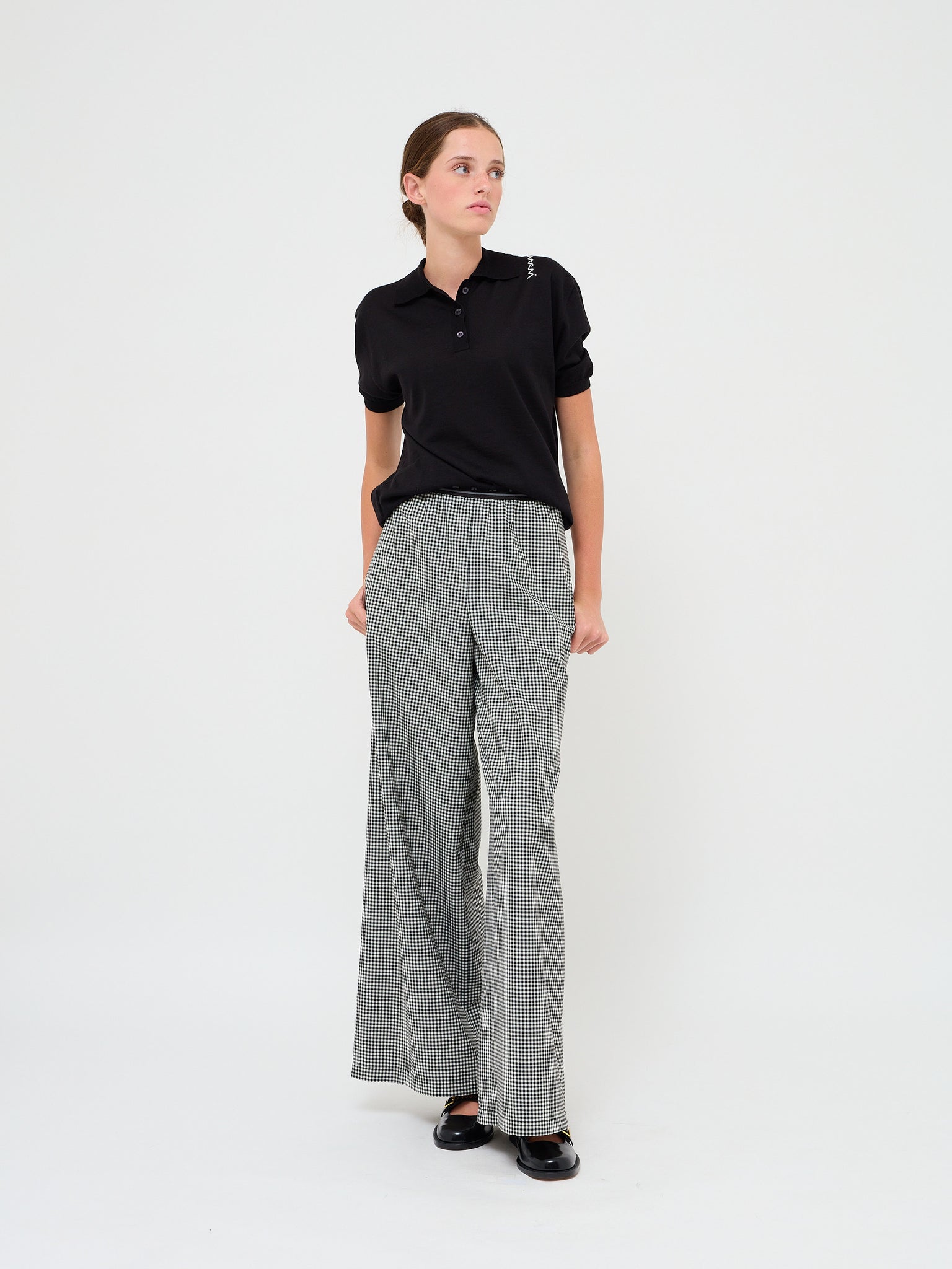 Check Wool Palazzo Trousers Black White