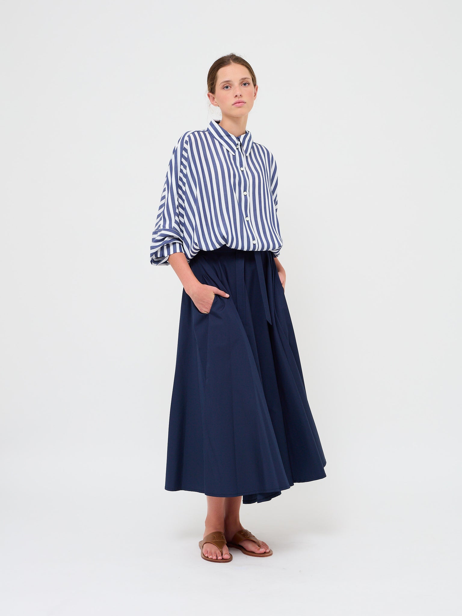 Circle Skirt Tie Belt Navy