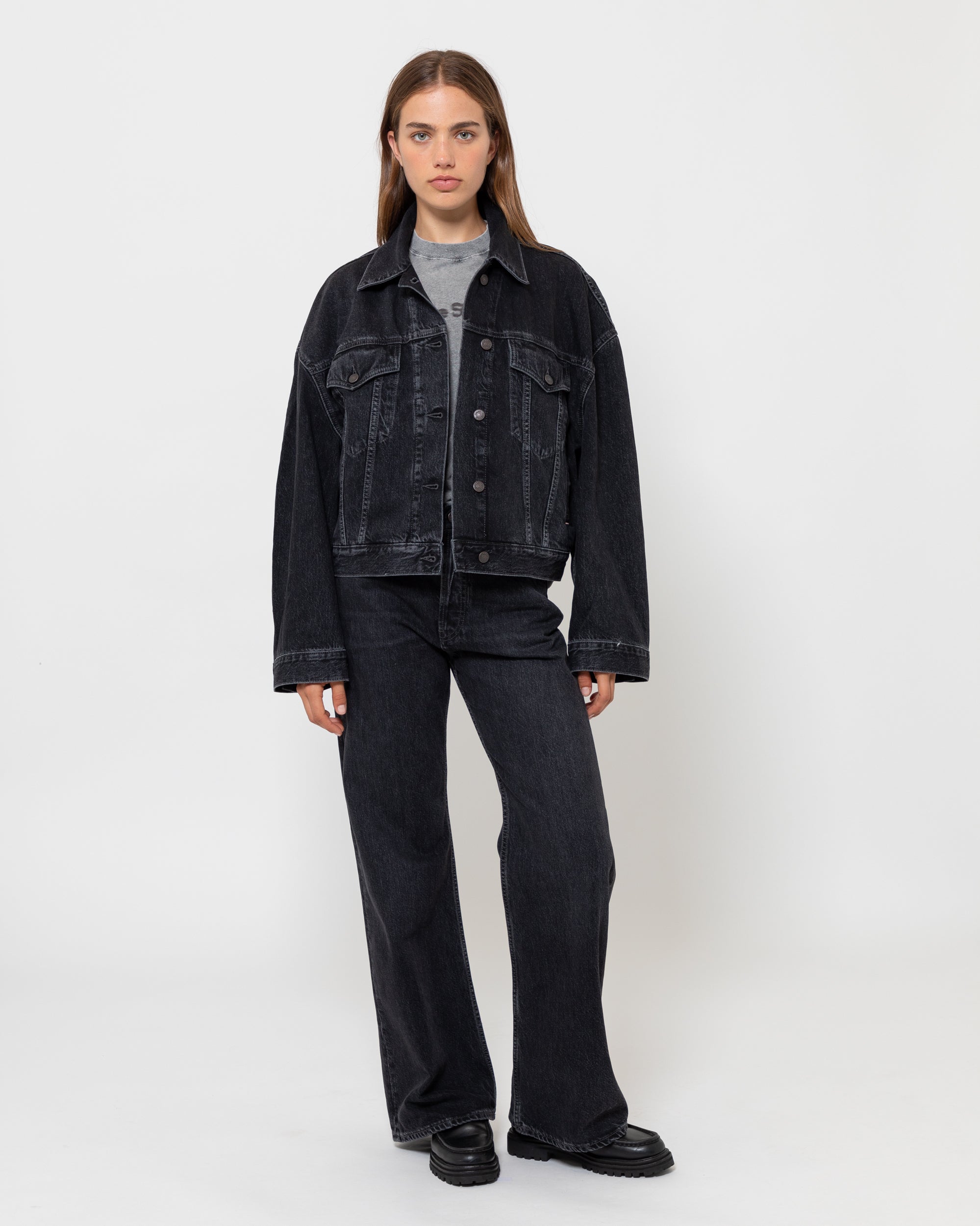 Oversized cropped black outlet denim jacket