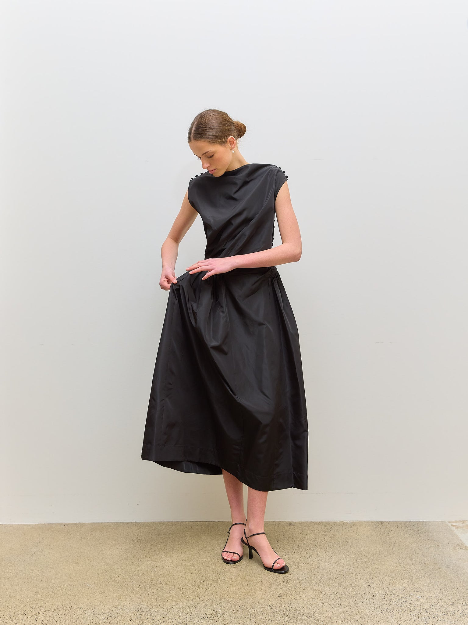 Draped Dress Hip Detail Black Taffeta