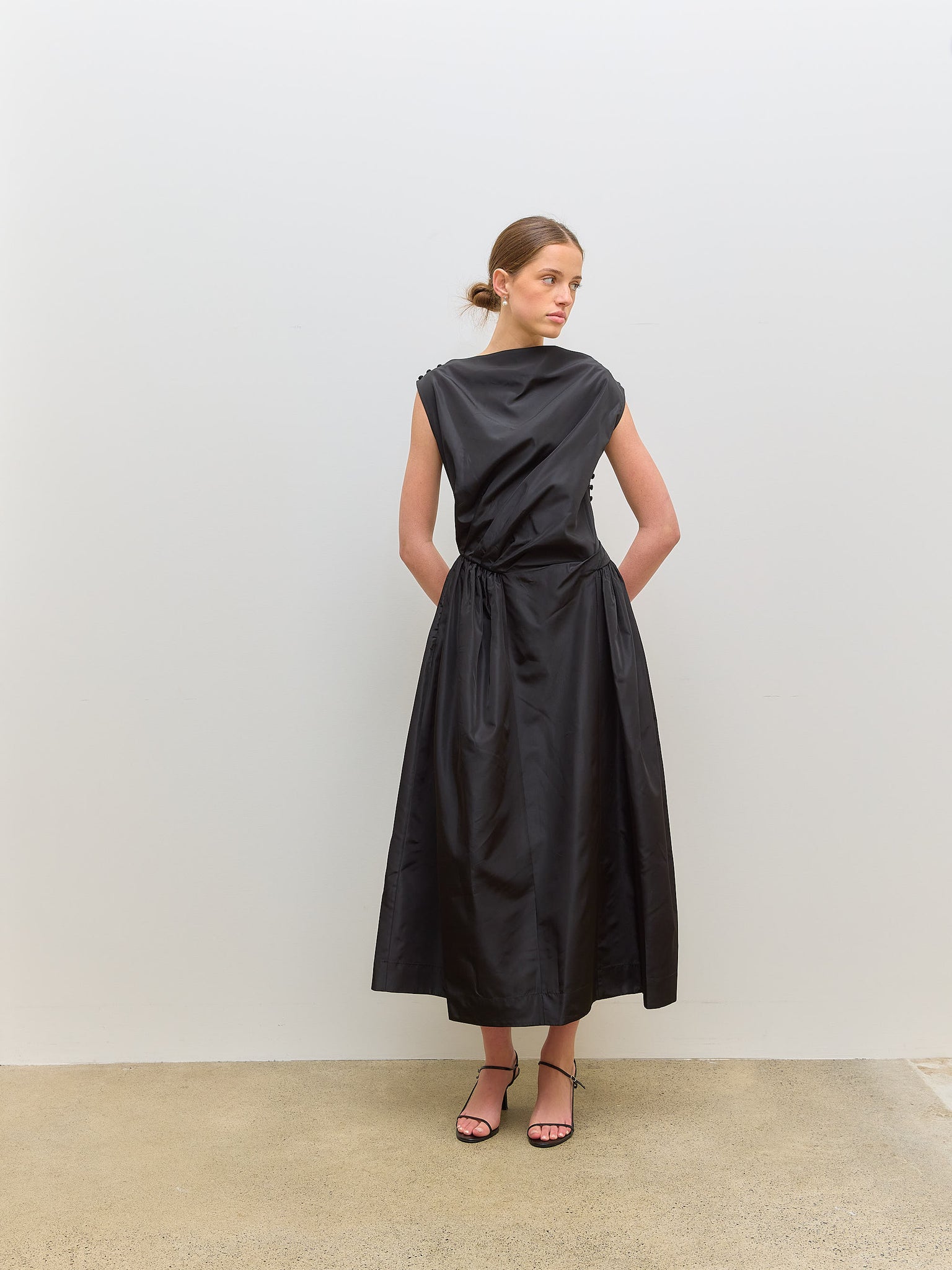 Draped Dress Hip Detail Black Taffeta