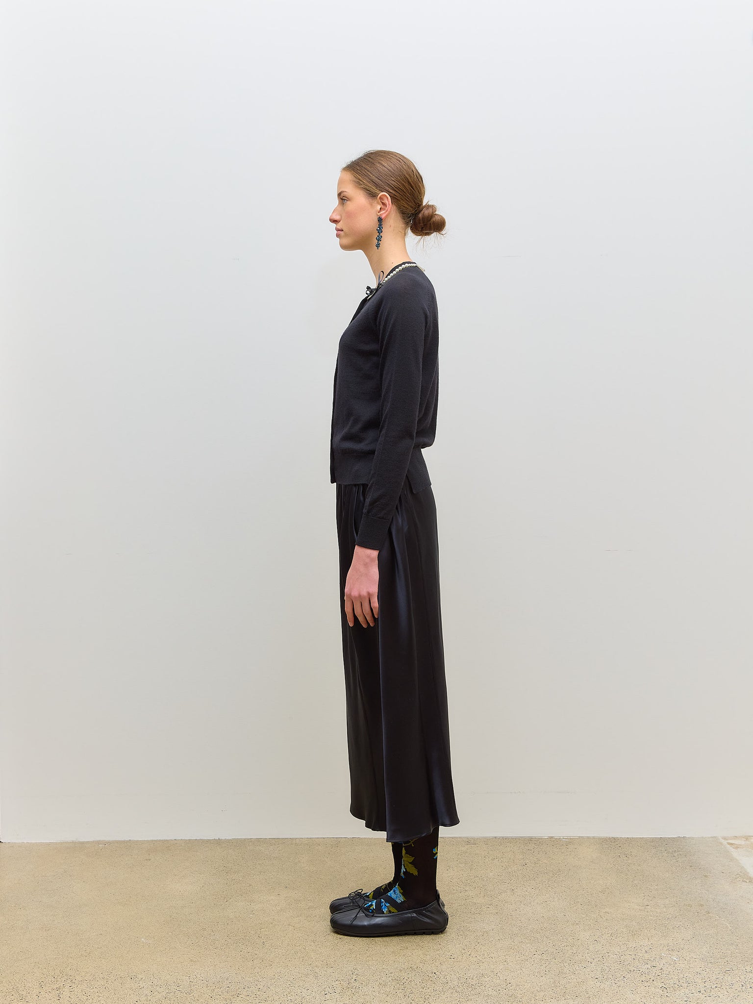 Classic Long Sleeve Cardigan Pearl Black Merino Silk