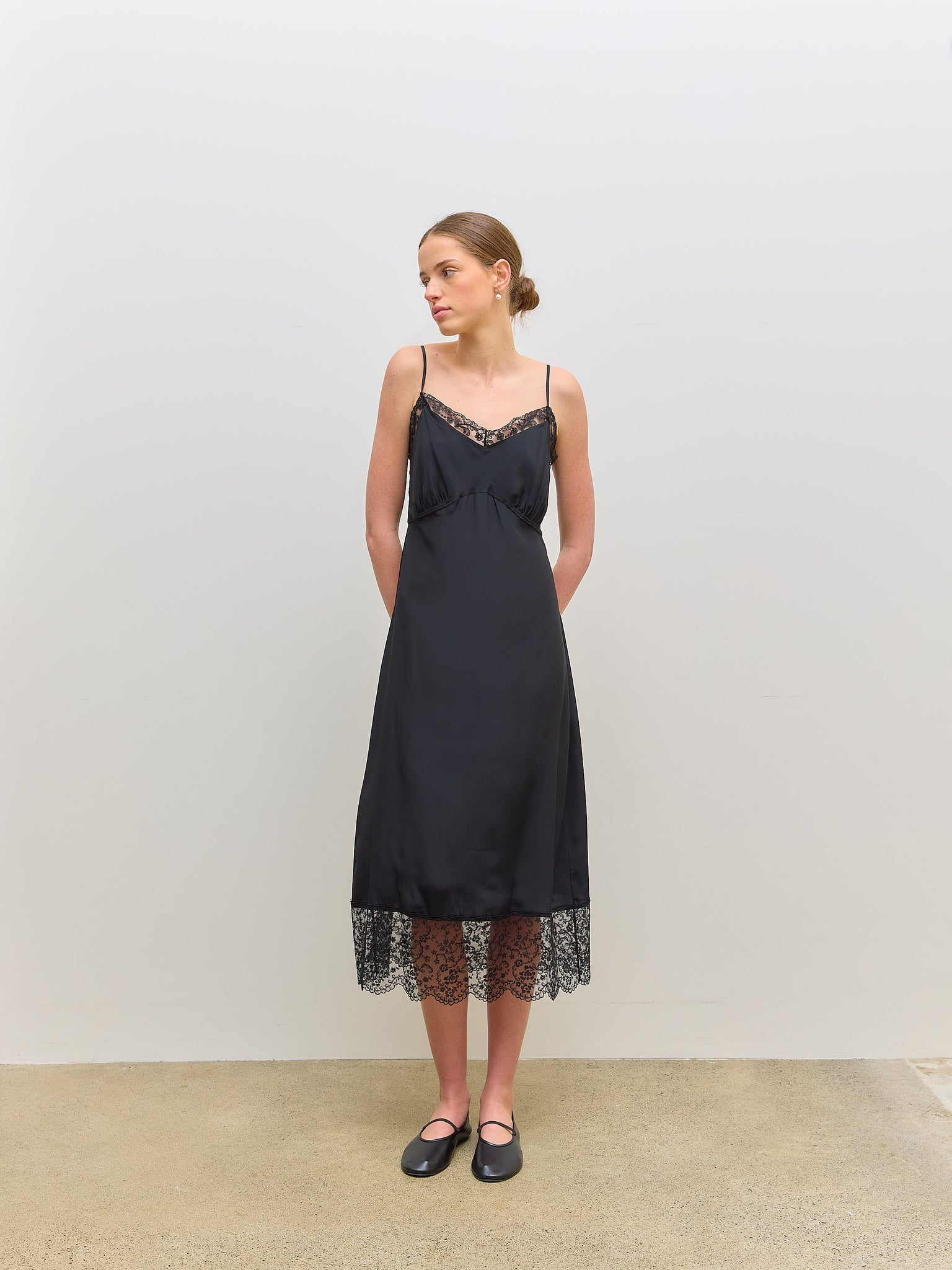 Slip Dress with Deep Lace Trim Black Crepe de Chine