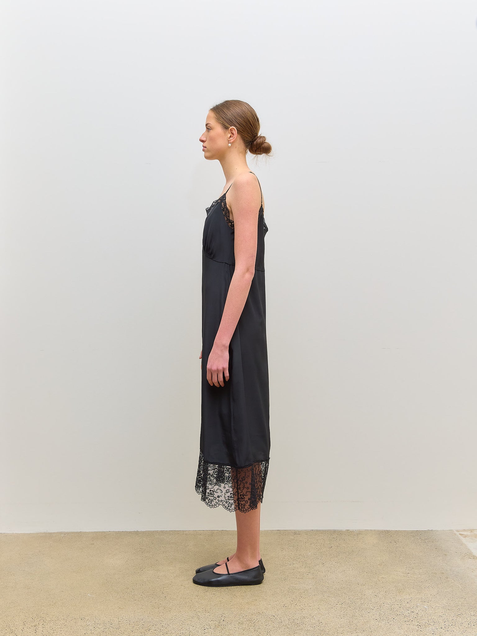 Slip Dress with Deep Lace Trim Black Crepe de Chine