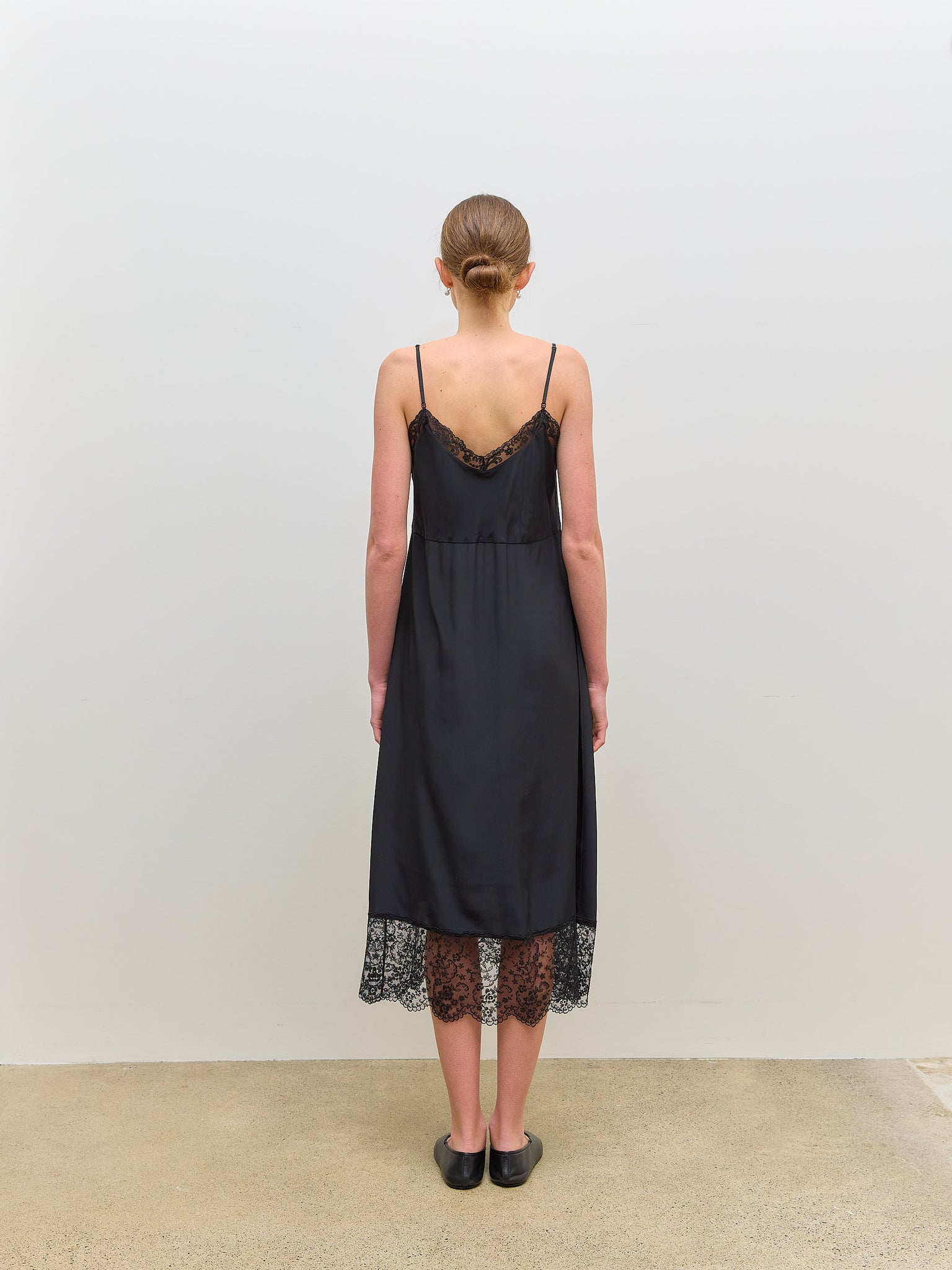 Slip Dress with Deep Lace Trim Black Crepe de Chine