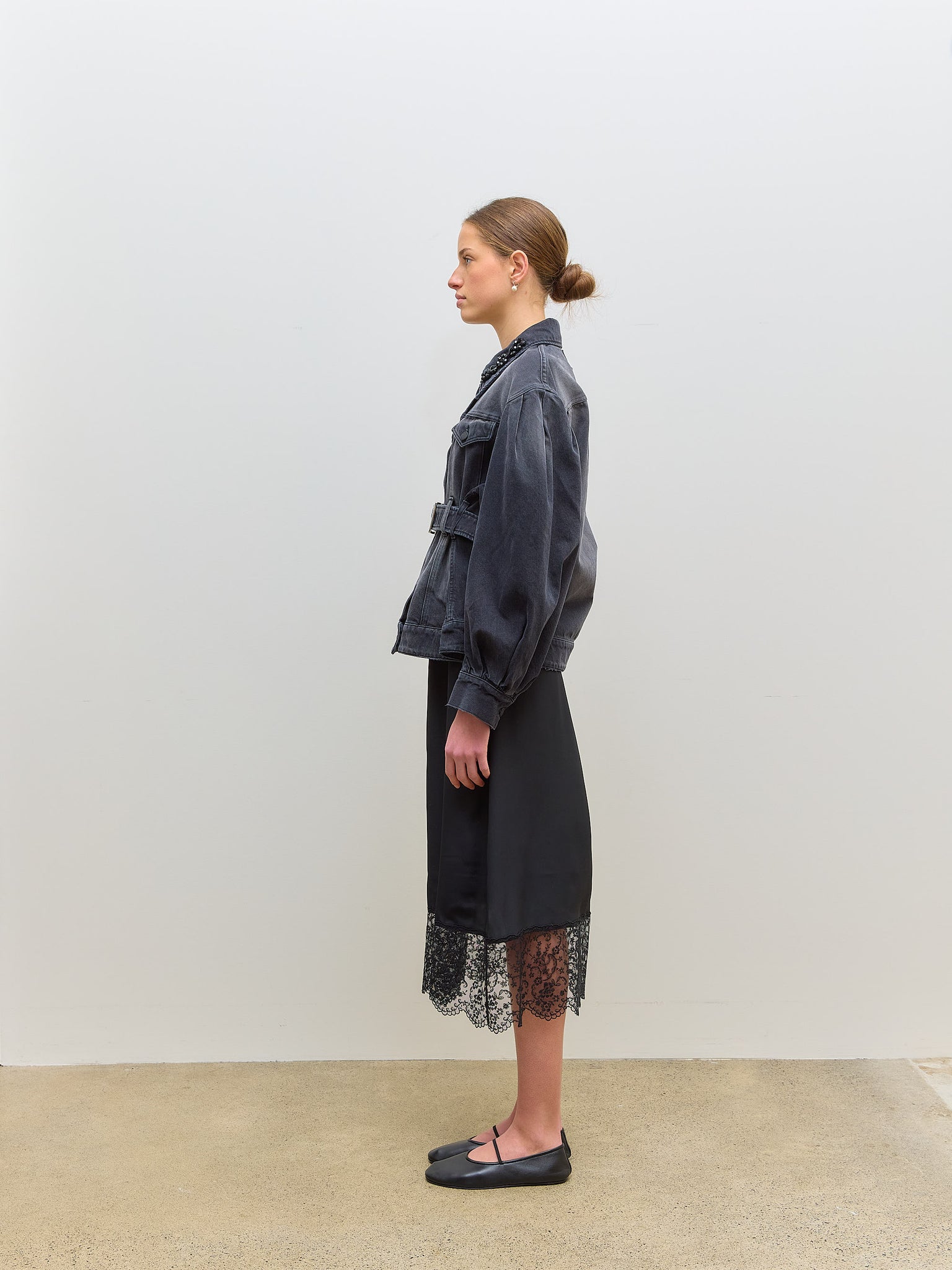Sculpted Denim Jacket Distressed Embroidered Black Jet
