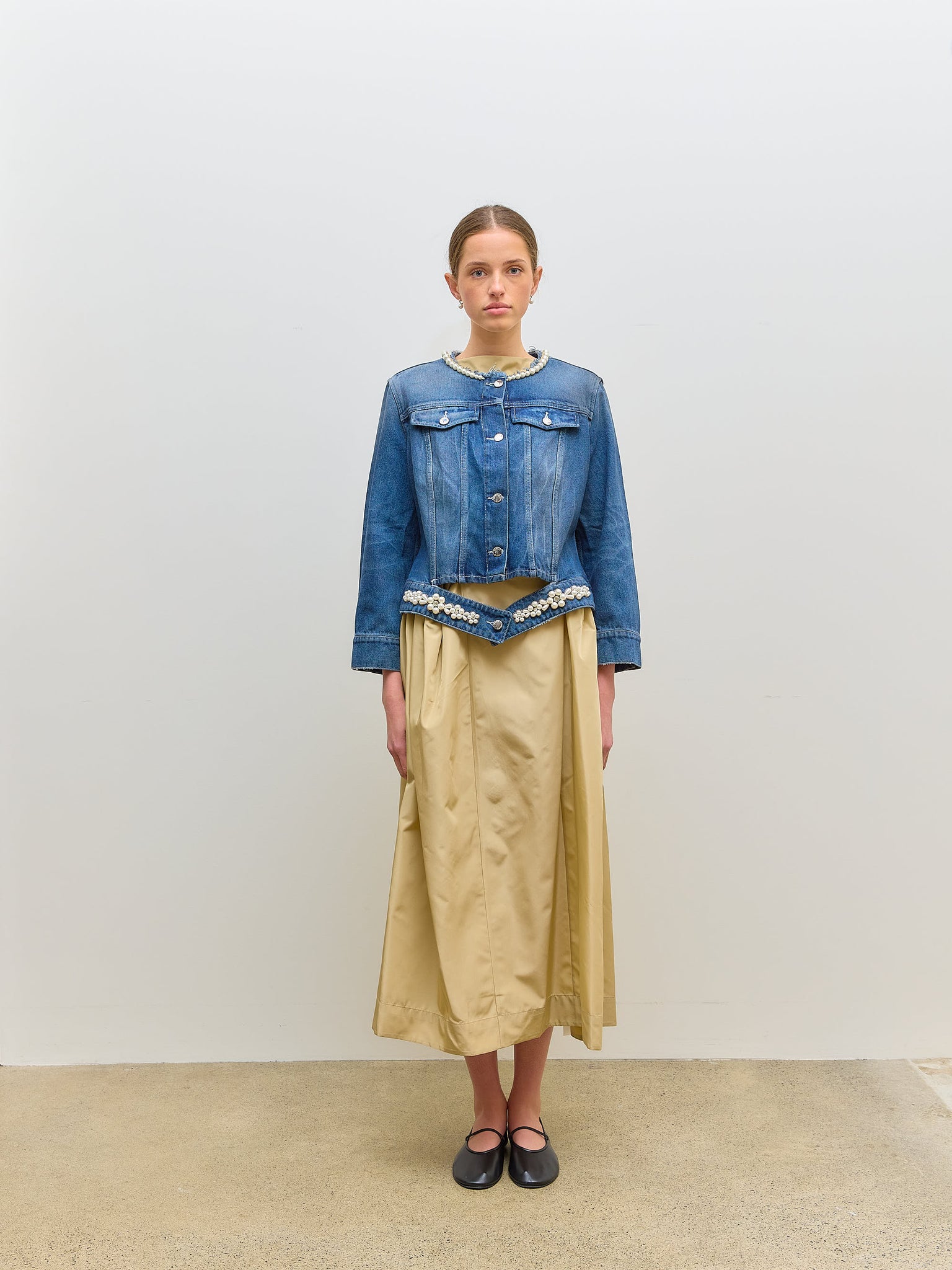 Fitted Waist Tail Jacket Distressed Denim Blue Pearl
