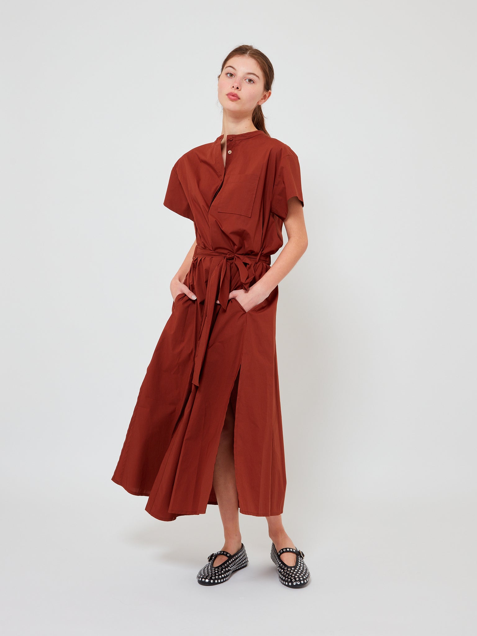 Cotton Popline Belted Dress Ciccolato