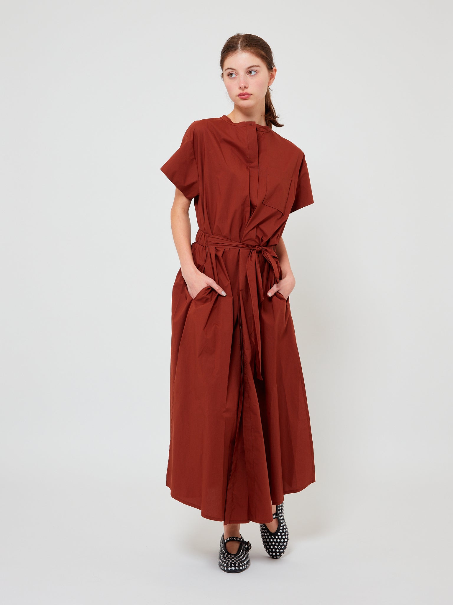 Cotton Popline Belted Dress Ciccolato