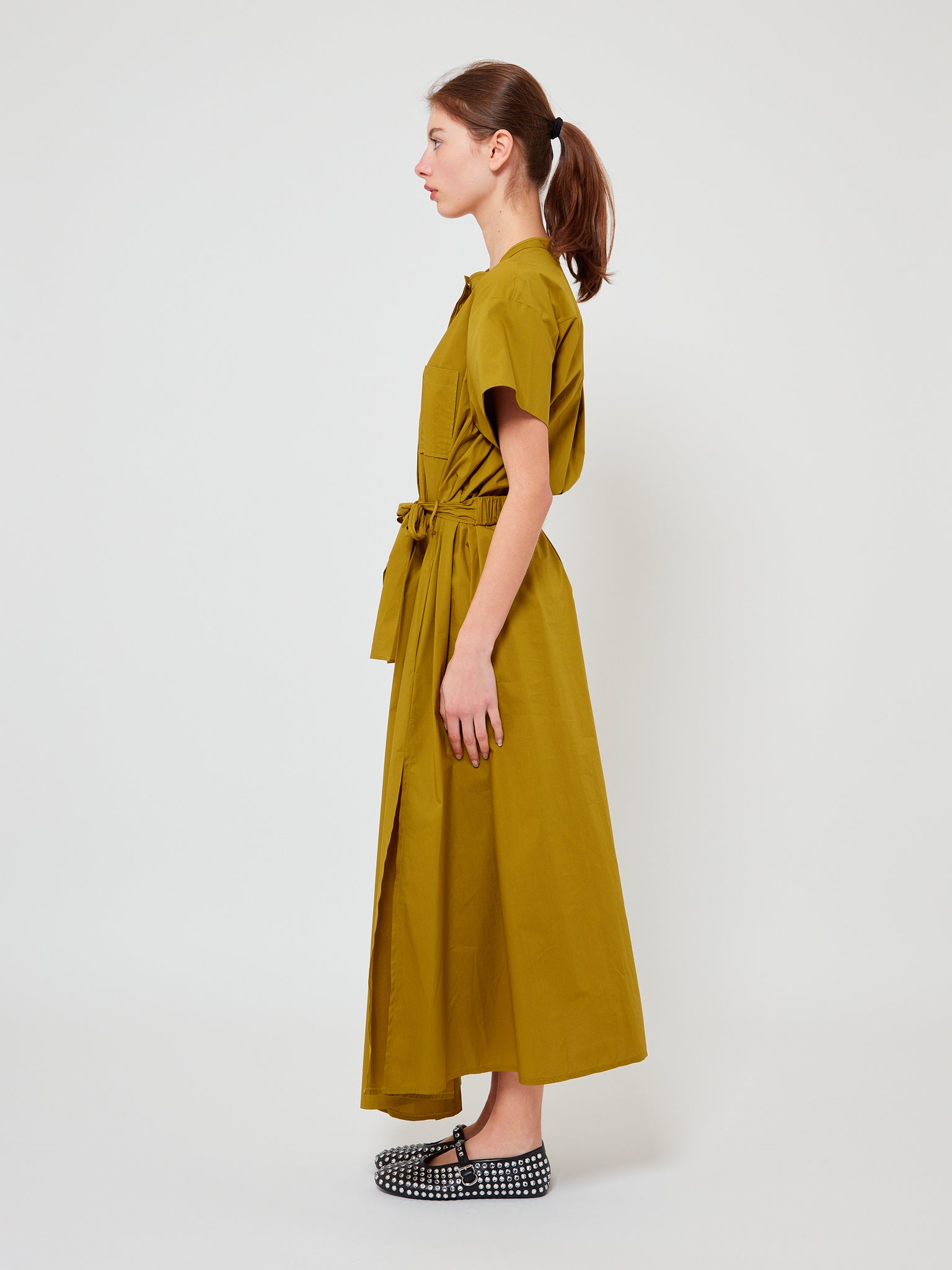 Cotton Popline Belted Dress Khaki