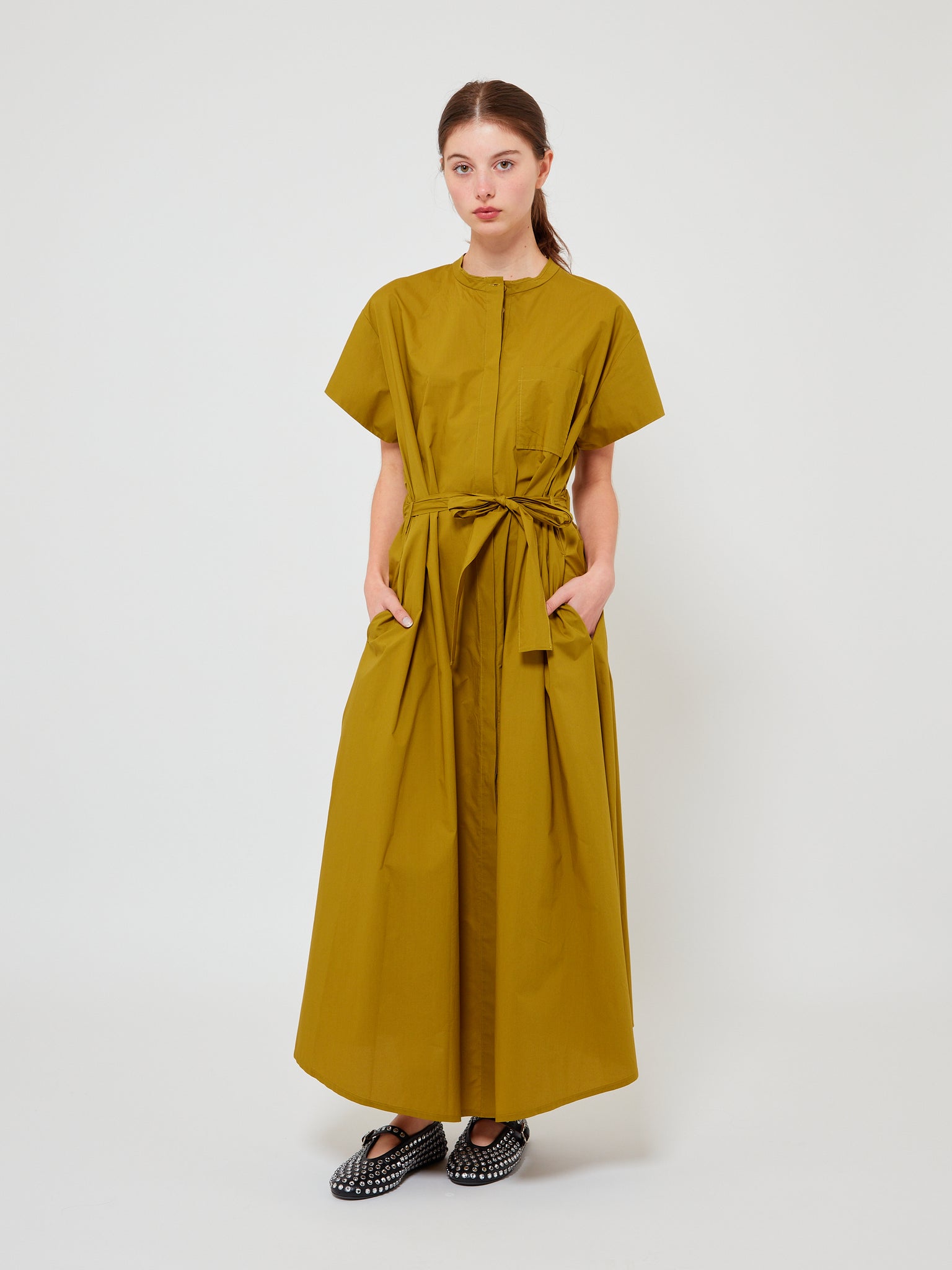 Cotton Popline Belted Dress Khaki