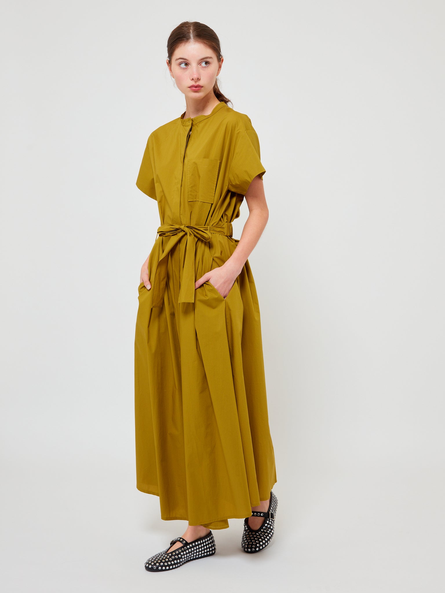 Cotton Popline Belted Dress Khaki