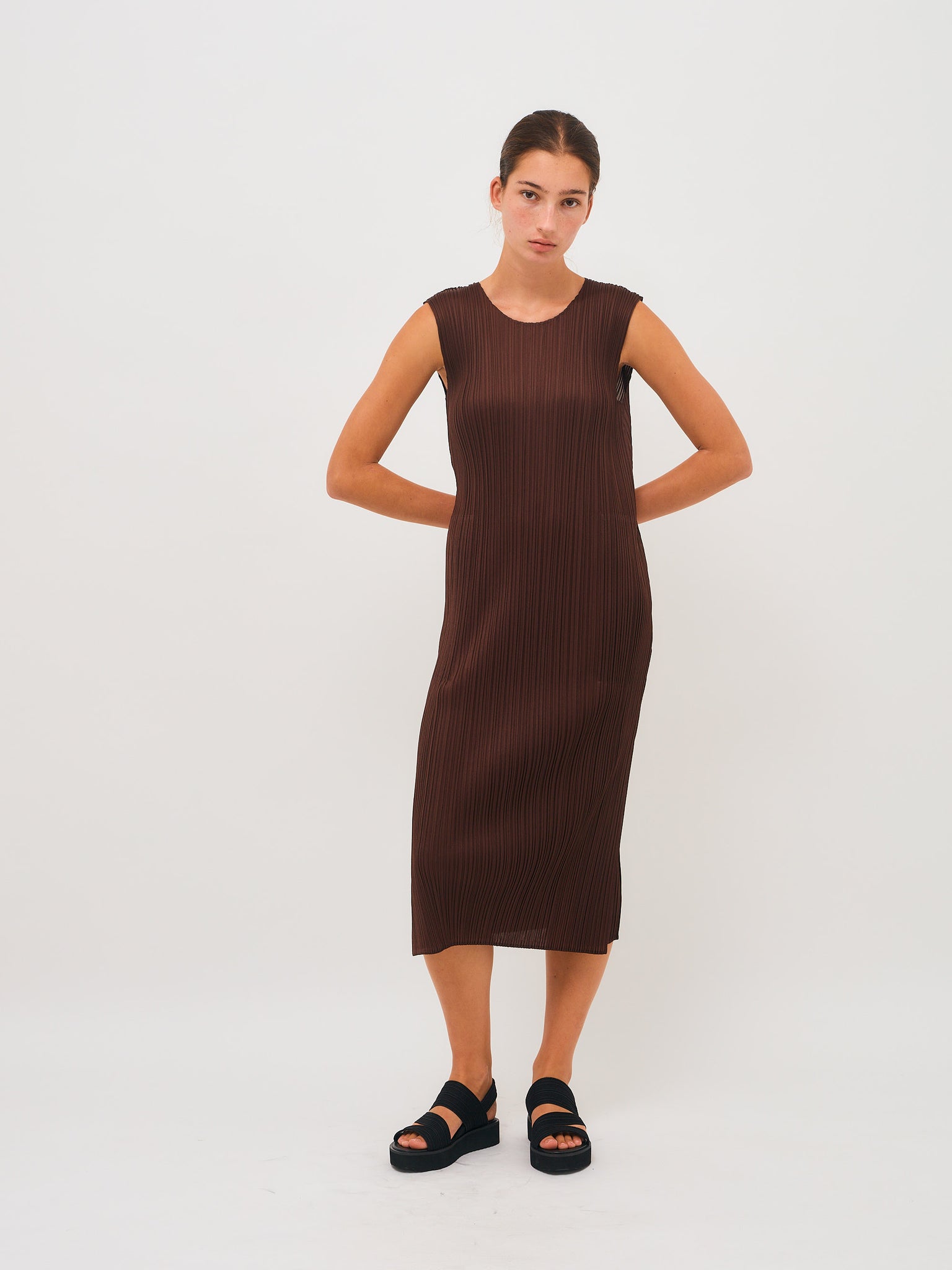 Sleeveless Pleat Dress Brown