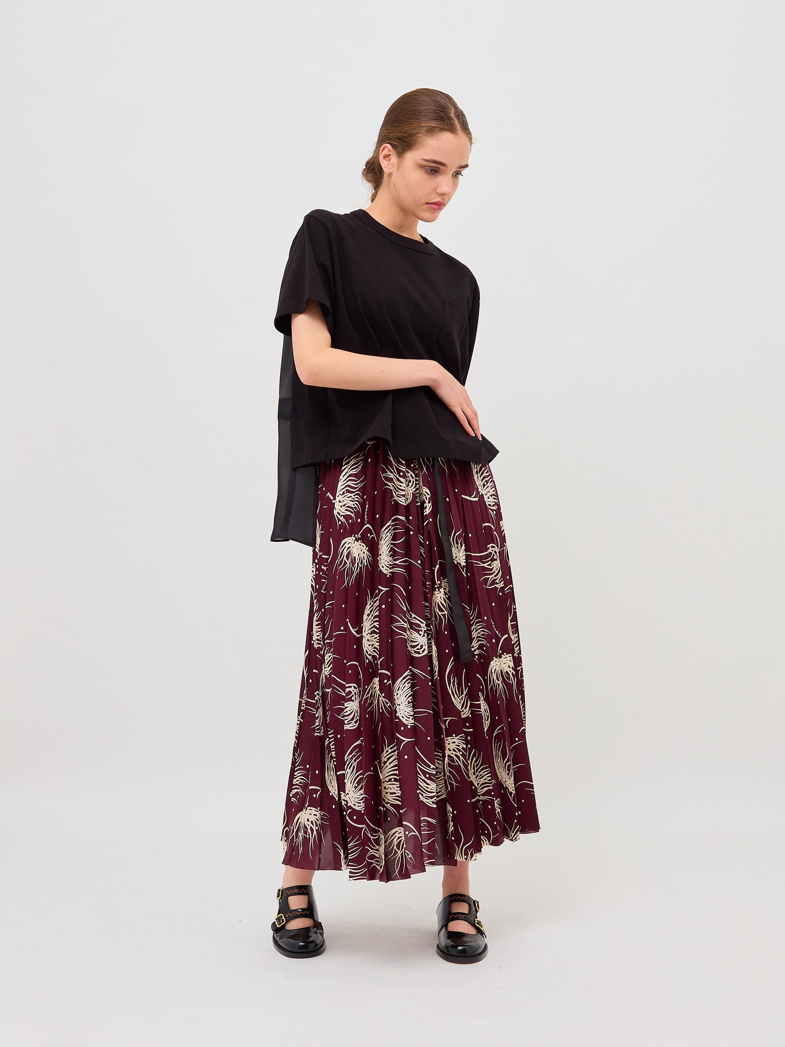 Dot Flower Print Skirt Bordeaux