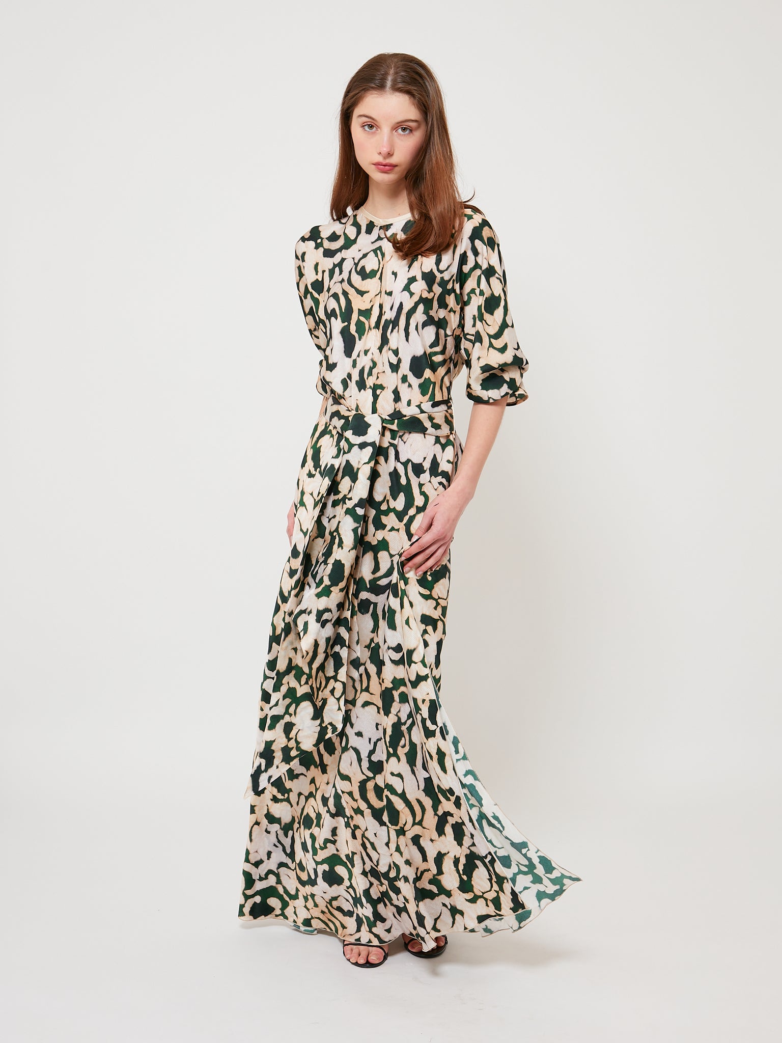 Rose Alchemy Print Satin Long Sleeve Dress Malachite