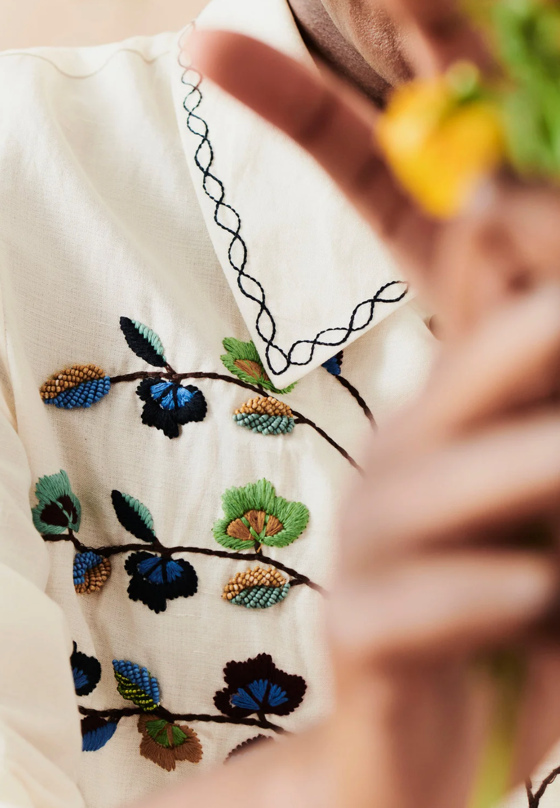 Trailing Flower Hand Embroidered Shirt Ecru