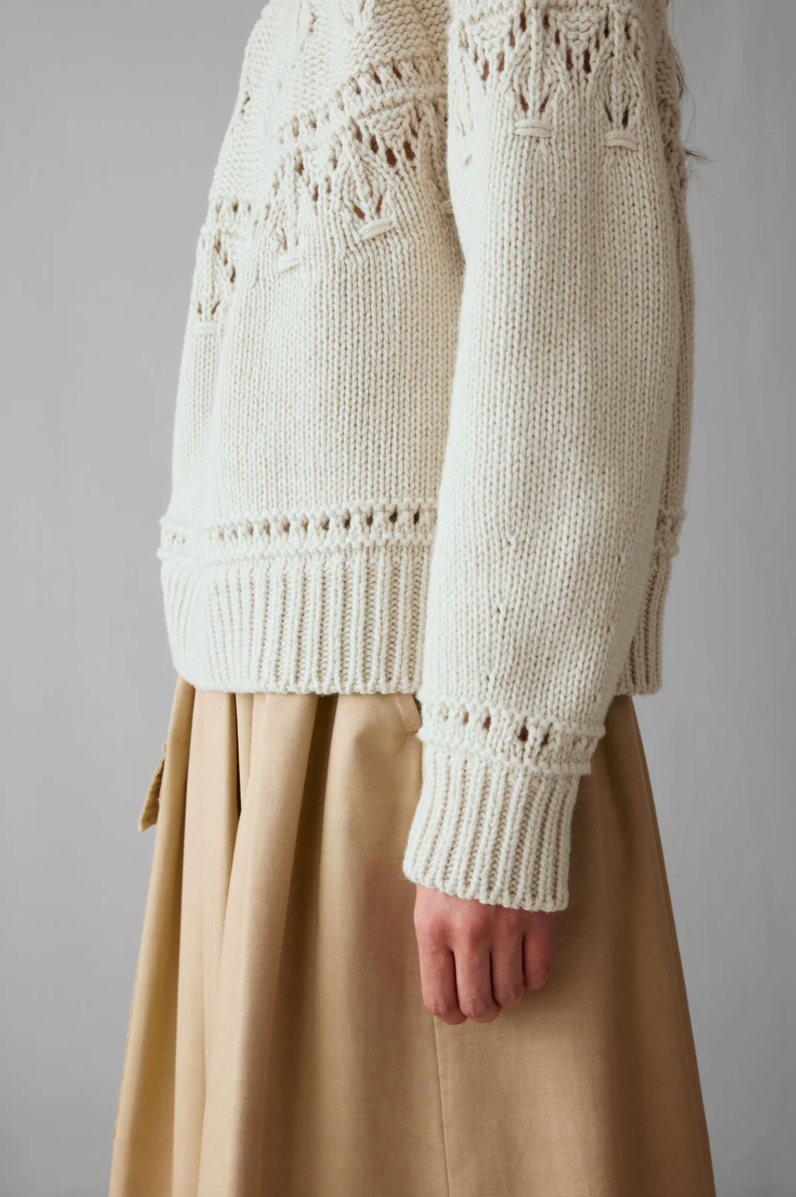 Textured Yoke Wool Cotton Sweater Bone